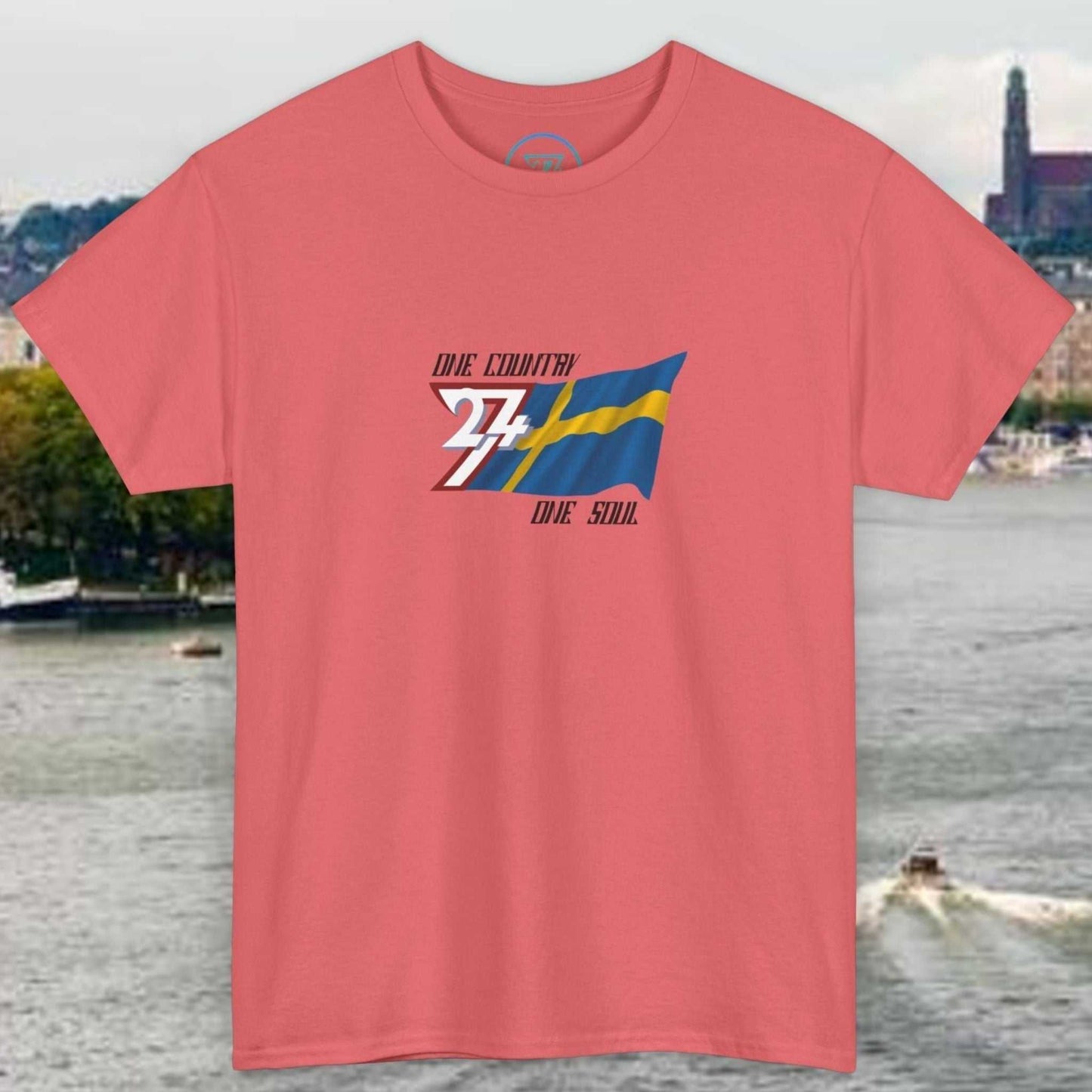 Unisex Sweden Flag Graphic Tee with hand-drawn Swedish flag design on coral crewneck shirt