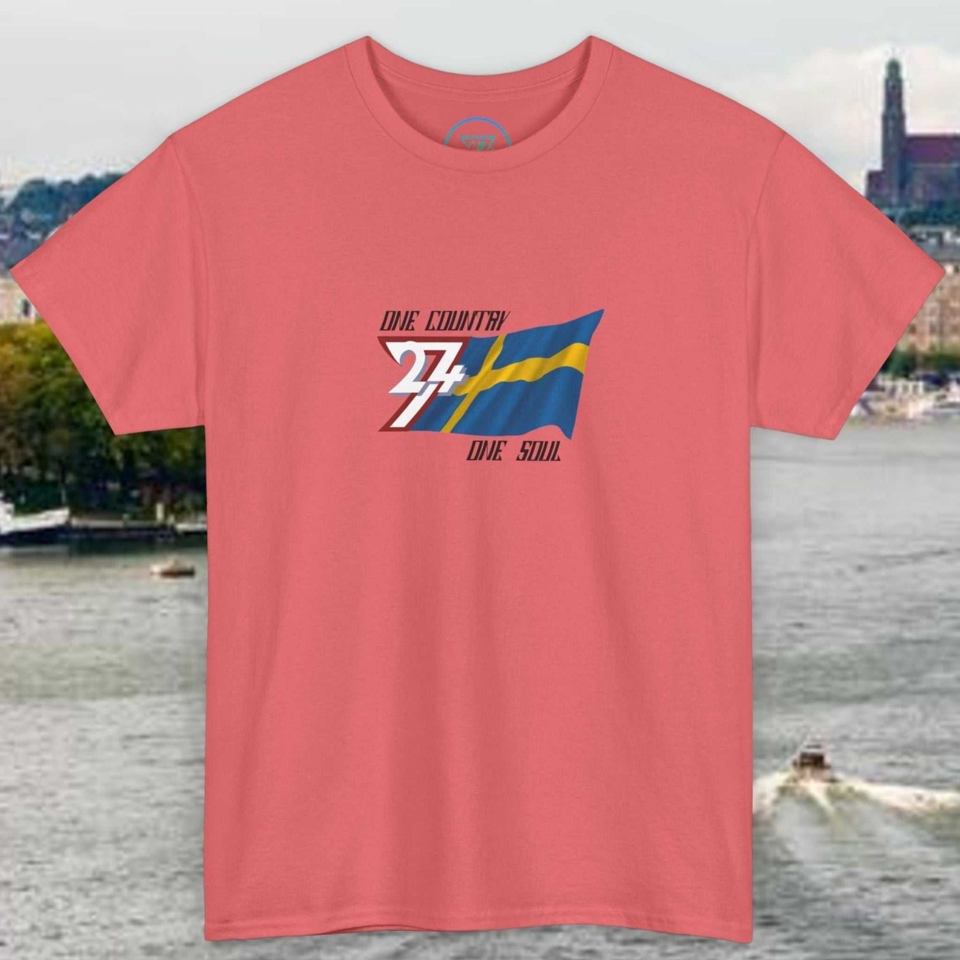 Unisex Sweden Flag Graphic Tee with hand-drawn Swedish flag design on coral crewneck shirt