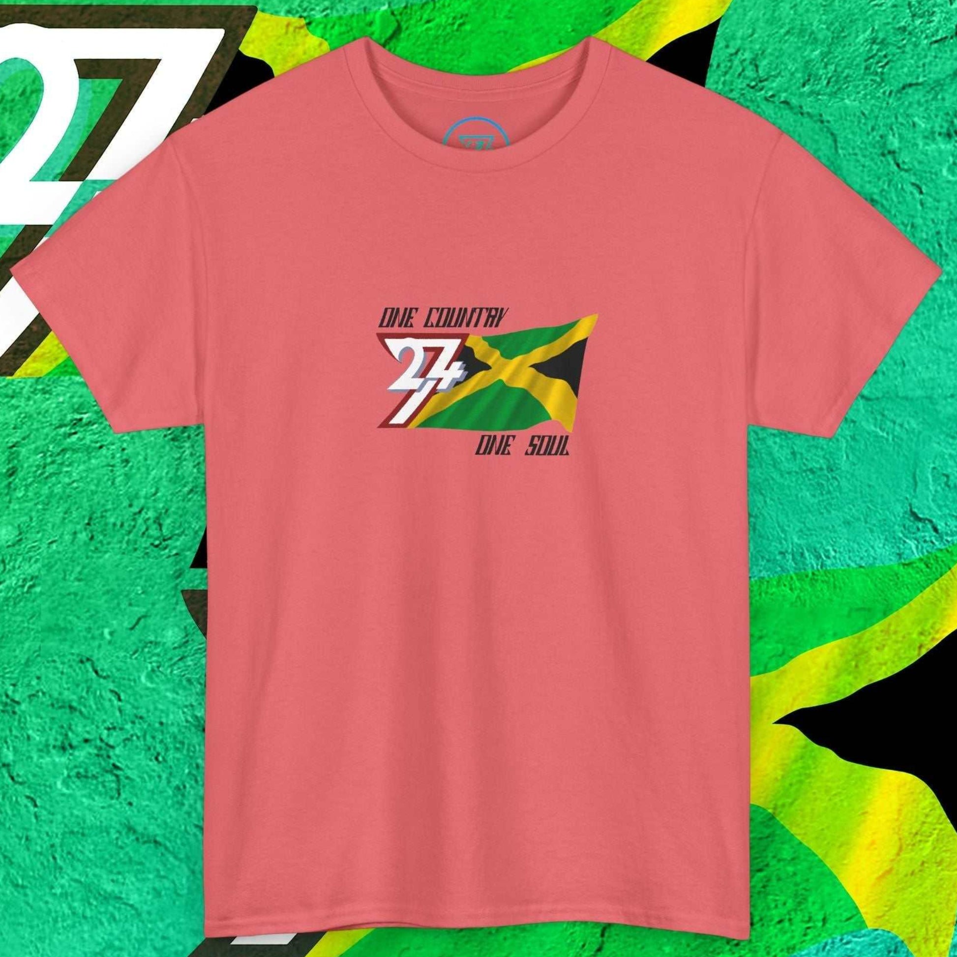 Urban streetwear coral Jamaica flag shirt with a unique hand-drawn finish and "One Country One Soul" signature.