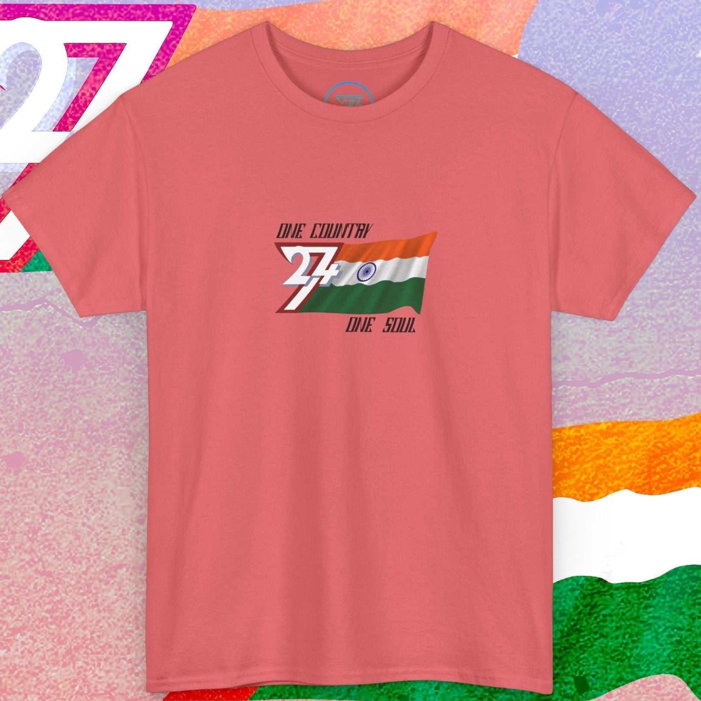 Front perspective of the premium coral silk India flag shirt, designed with a hand-drawn finish and "One Country One Soul" branding.