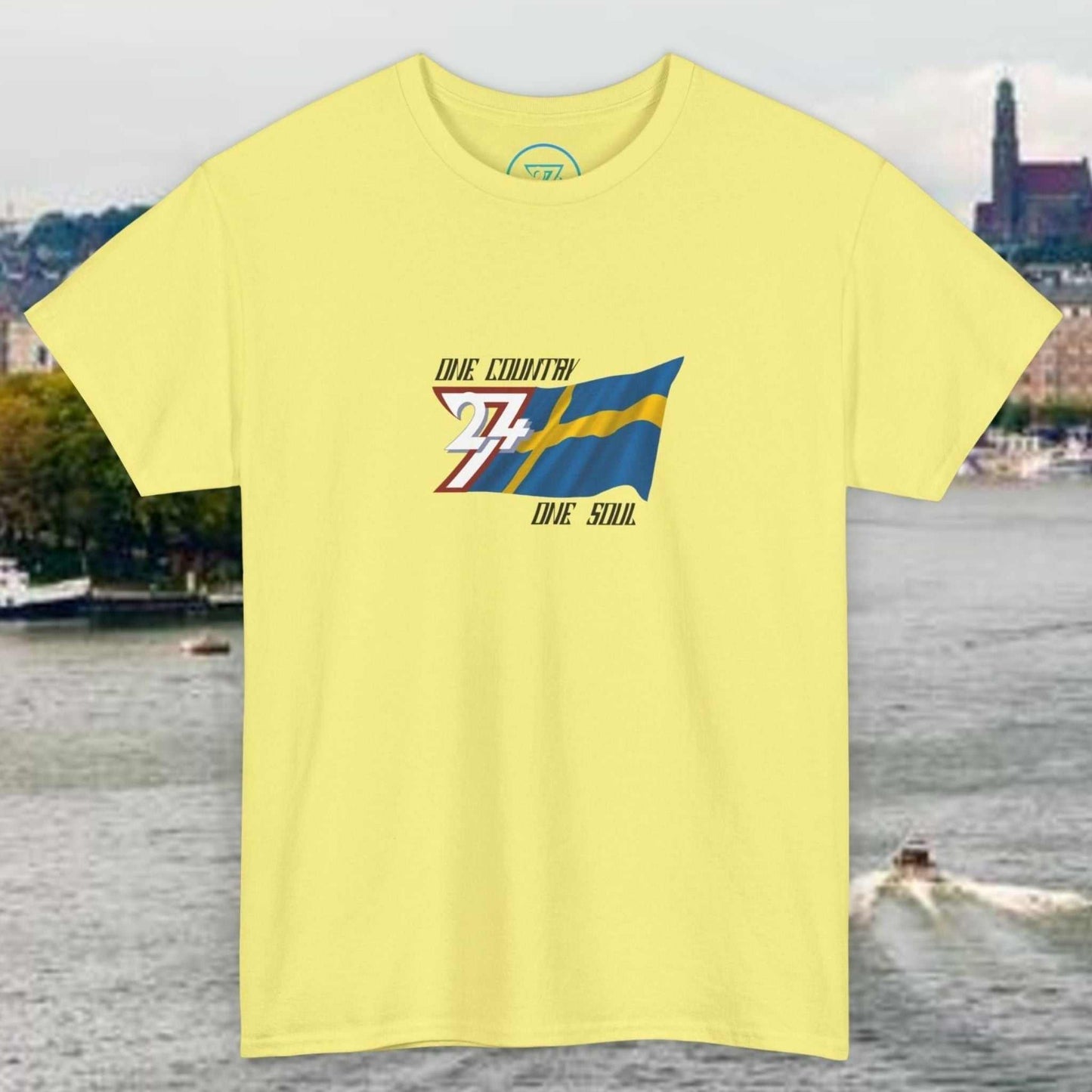 Yellow Sweden Flag Graphic Tee with hand-drawn Swedish flag and "One country, one soul" text on front