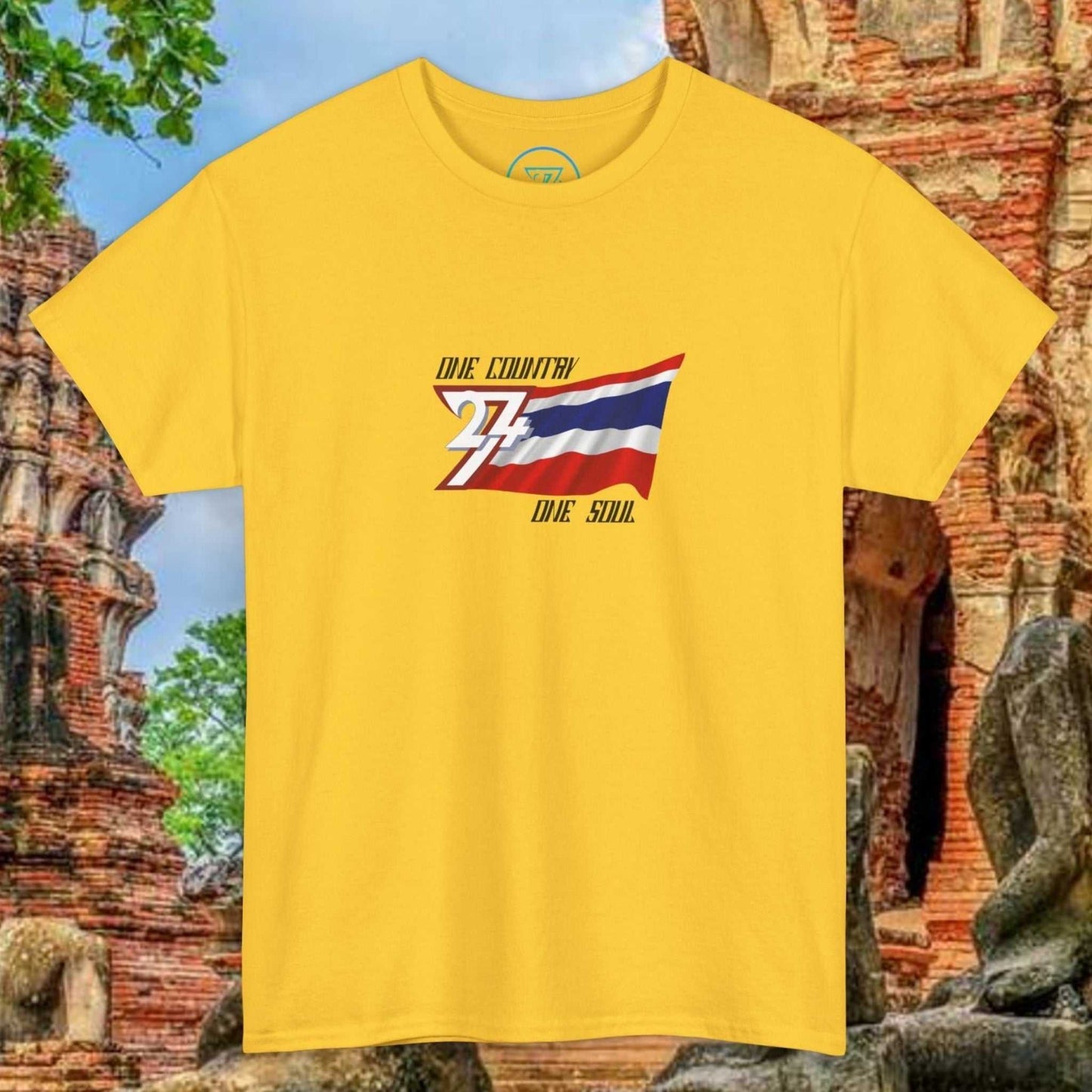 Yellow unisex Thailand Flag T-Shirt with hand-drawn Thong Trairong graphic and "One Country One Soul" text
