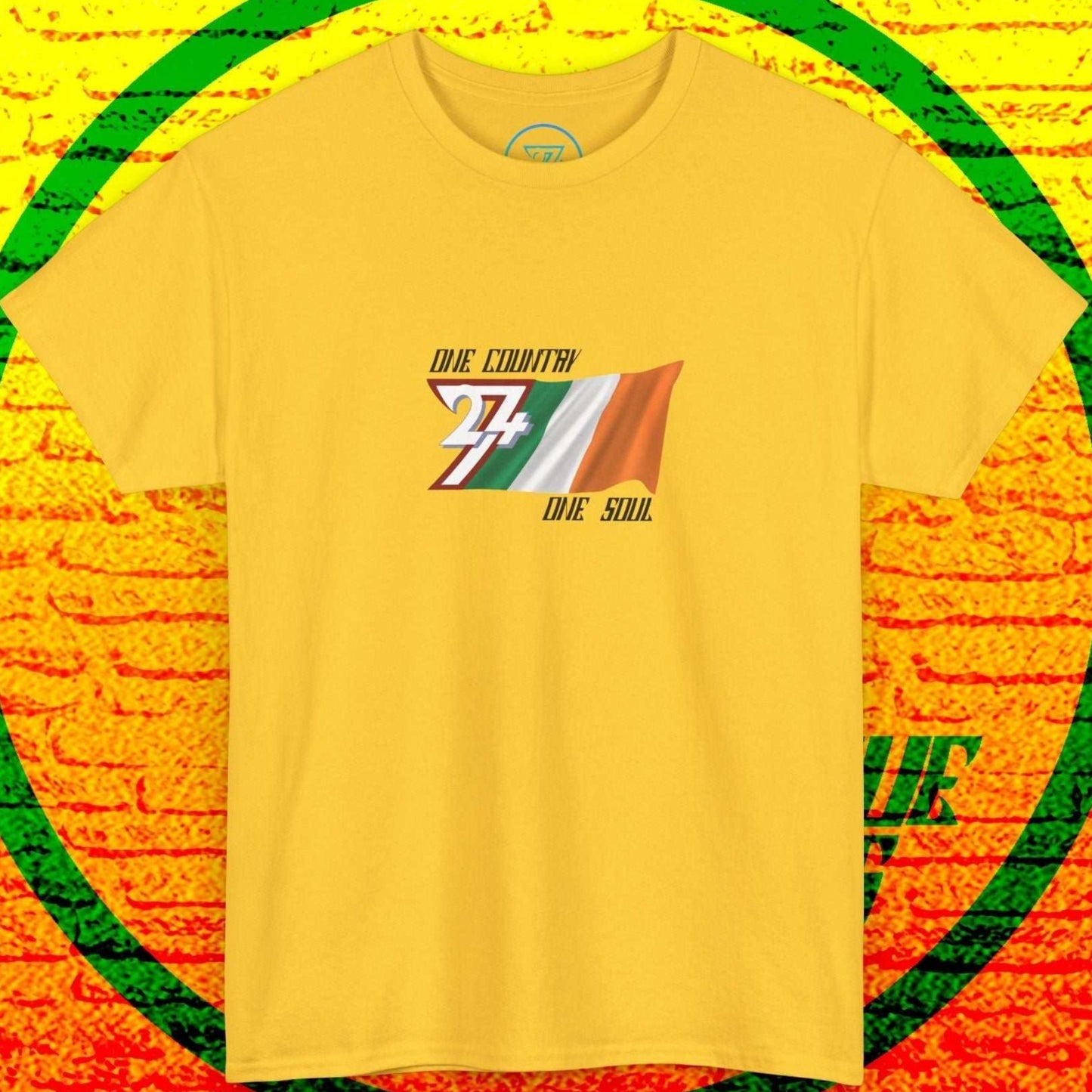 Full front display of the daisy yellow Ireland pride t-shirt, combining a hand-drawn artistic flag with the "One Country One Soul" spirit.