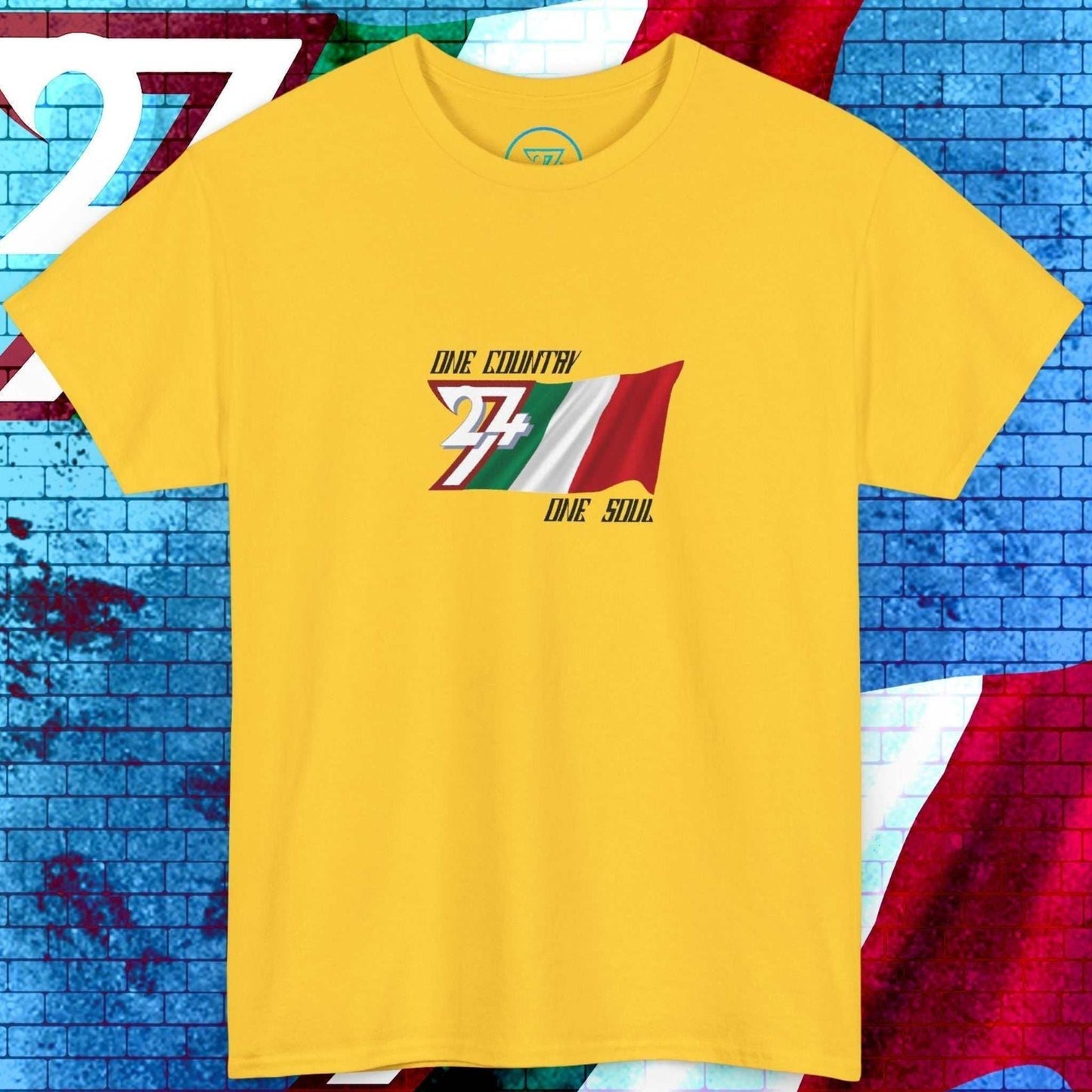 Digitally sketched Italy graphic tee in yellow with original artist artwork and "One Country One Soul" text.