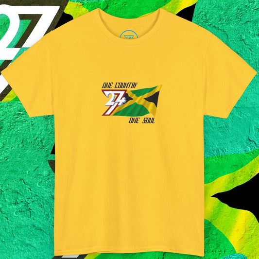 Front view of a daisy Jamaica flag t-shirt featuring a hand-drawn black, green, and gold "X" and the "One Country One Soul" slogan.