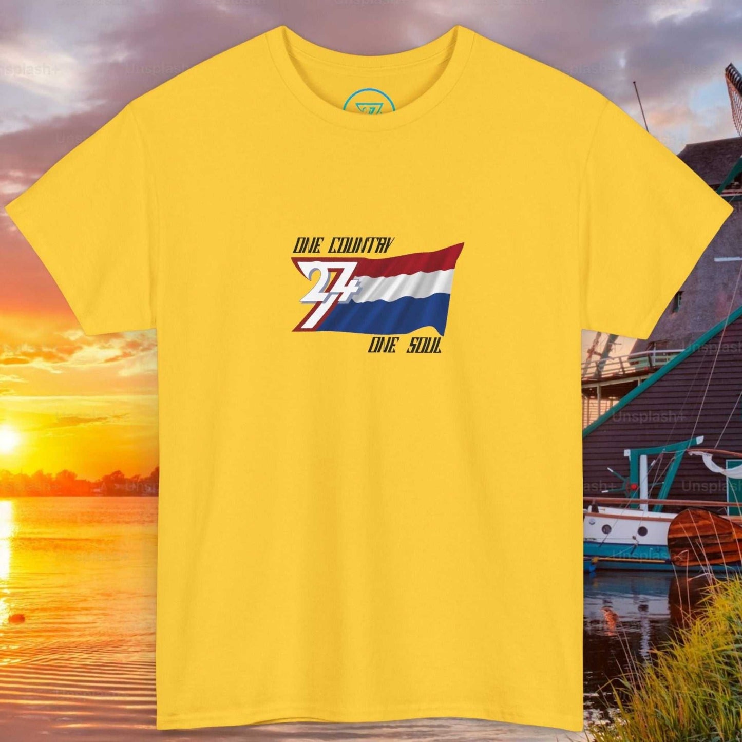 Front view of a daisy graphic t-shirt featuring a digitally hand-drawn Netherlands flag design.