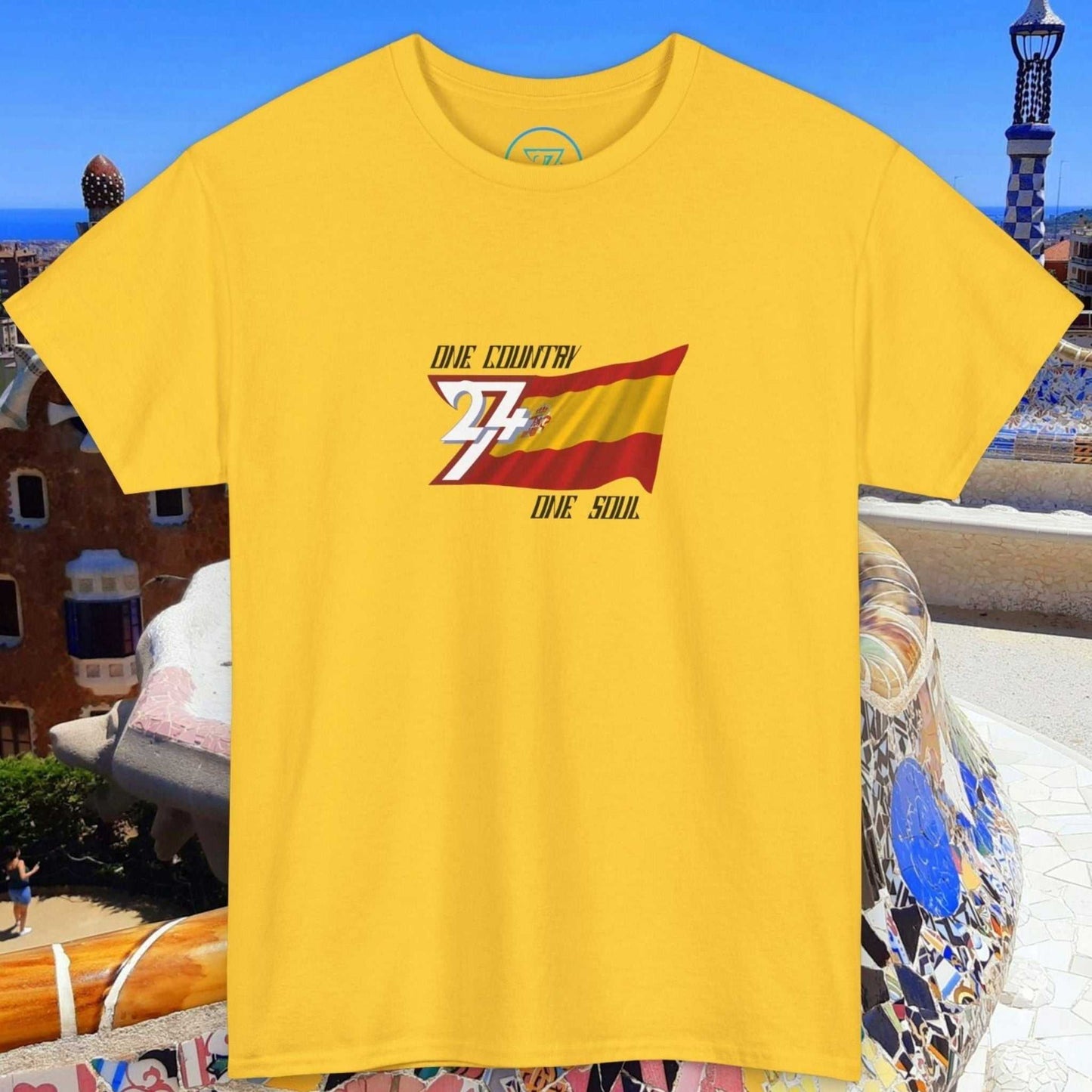 Yellow Spain flag graphic tee with hand-drawn Spanish flag design and "One Country One Soul" text, unisex shirt