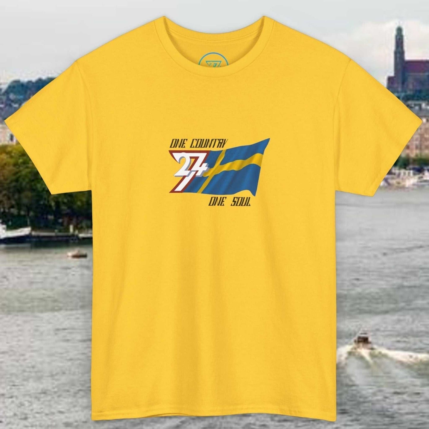 Yellow Sweden Flag Graphic Tee with hand-drawn Swedish flag and "One Country One Soul" text on front