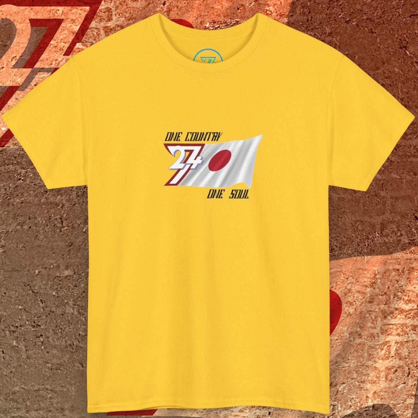 Digitally sketched Japan graphic tee in daisy with original artist artwork and "One Country One Soul" text.