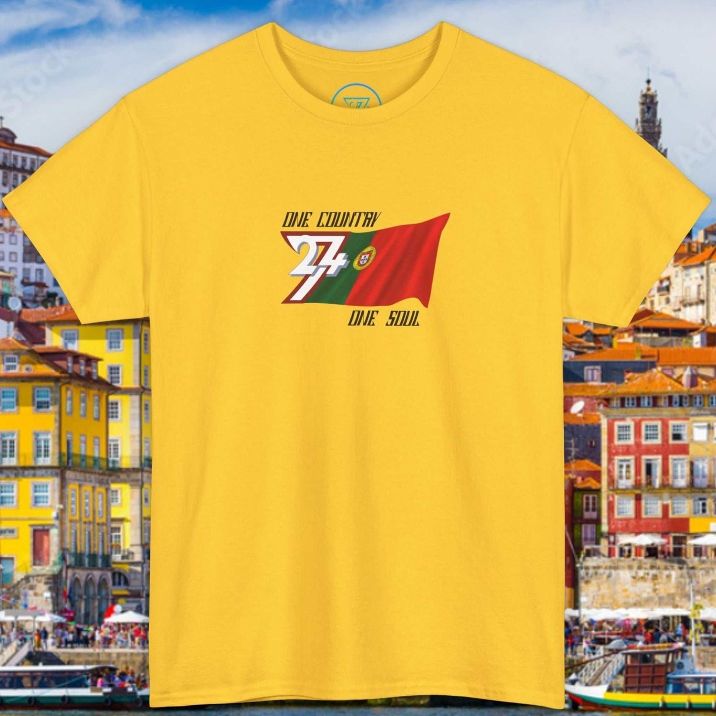 Front view of a daisy yellow graphic t-shirt featuring a digitally hand-drawn Portugal flag design.