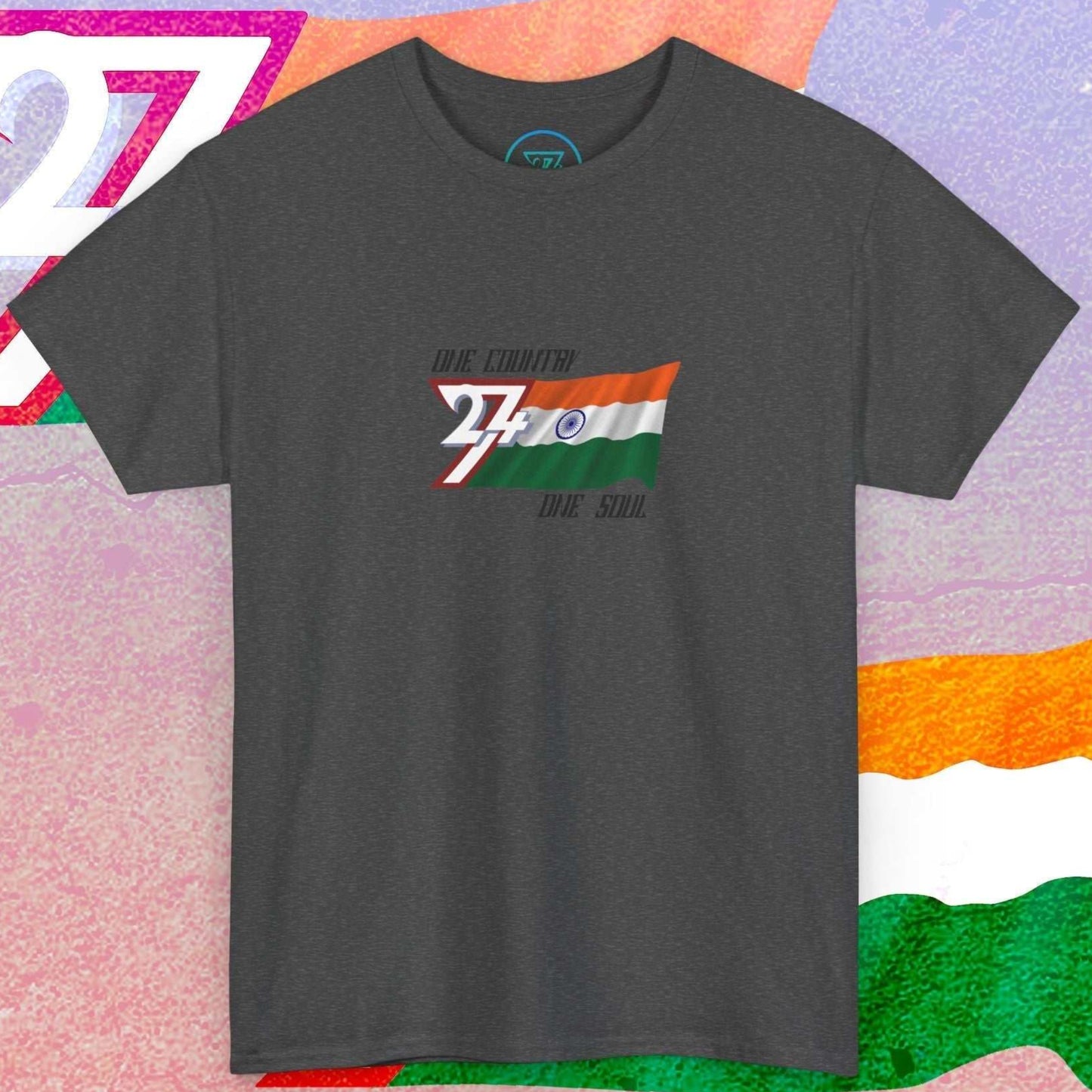 Front perspective of the premium dark heather India flag shirt, designed with a hand-drawn finish and "One Country One Soul" branding.