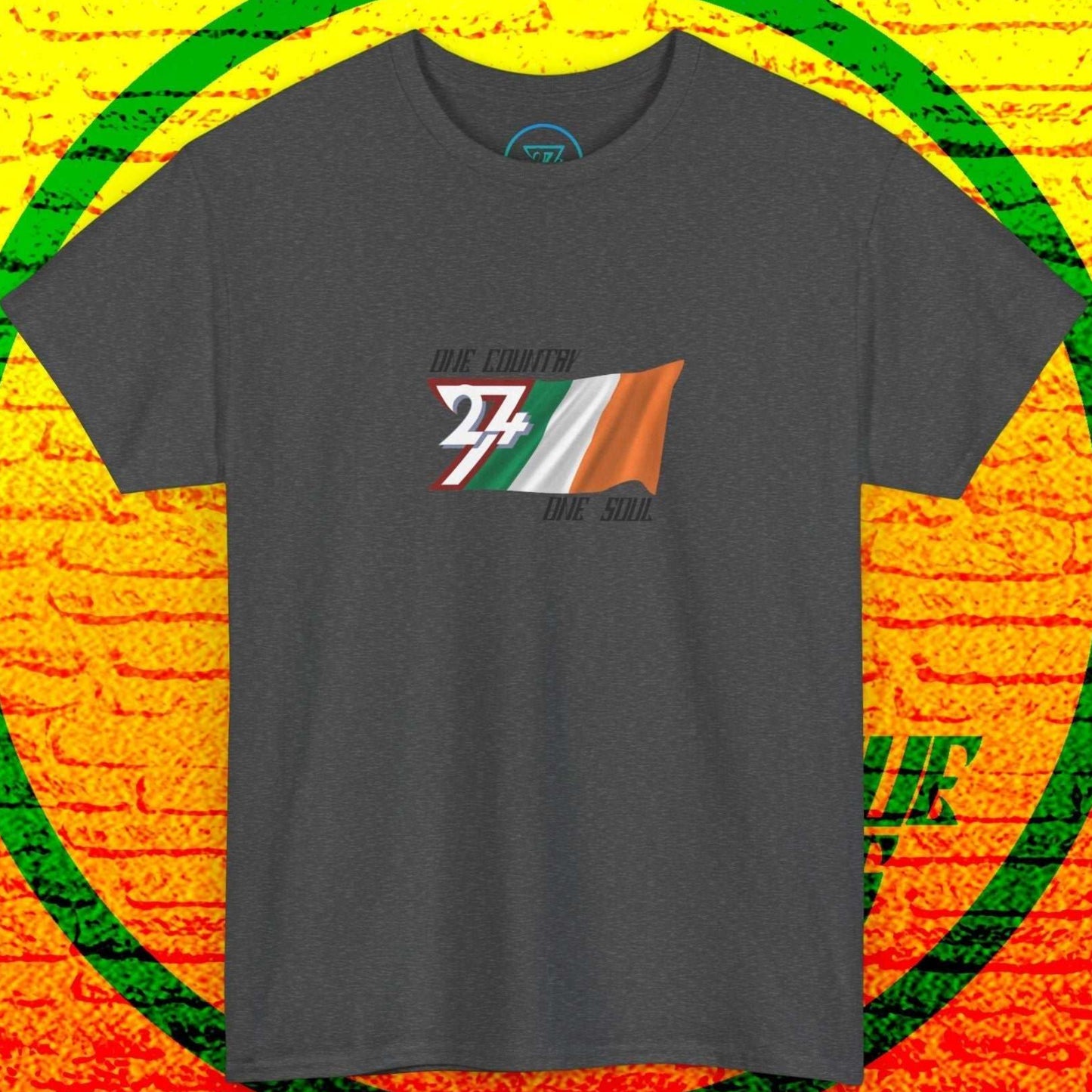 Front-facing view of the dark gray Ireland flag t-shirt, showcasing the artist's hand-drawn tricolor and "One Country One Soul" slogan.