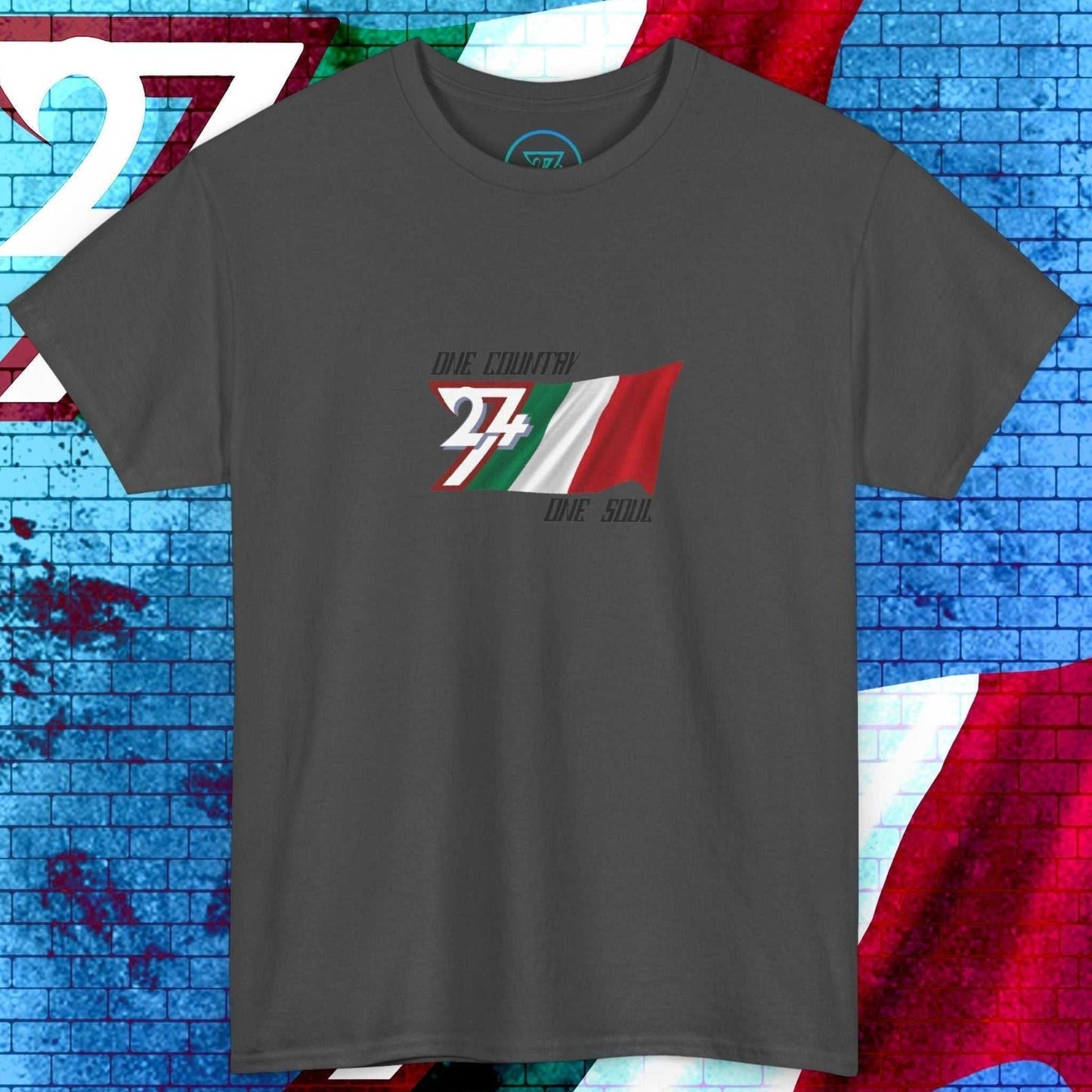 Streetwear style dark gray Italy flag shirt with a unique hand-drawn finish and "One Country One Soul" branding.