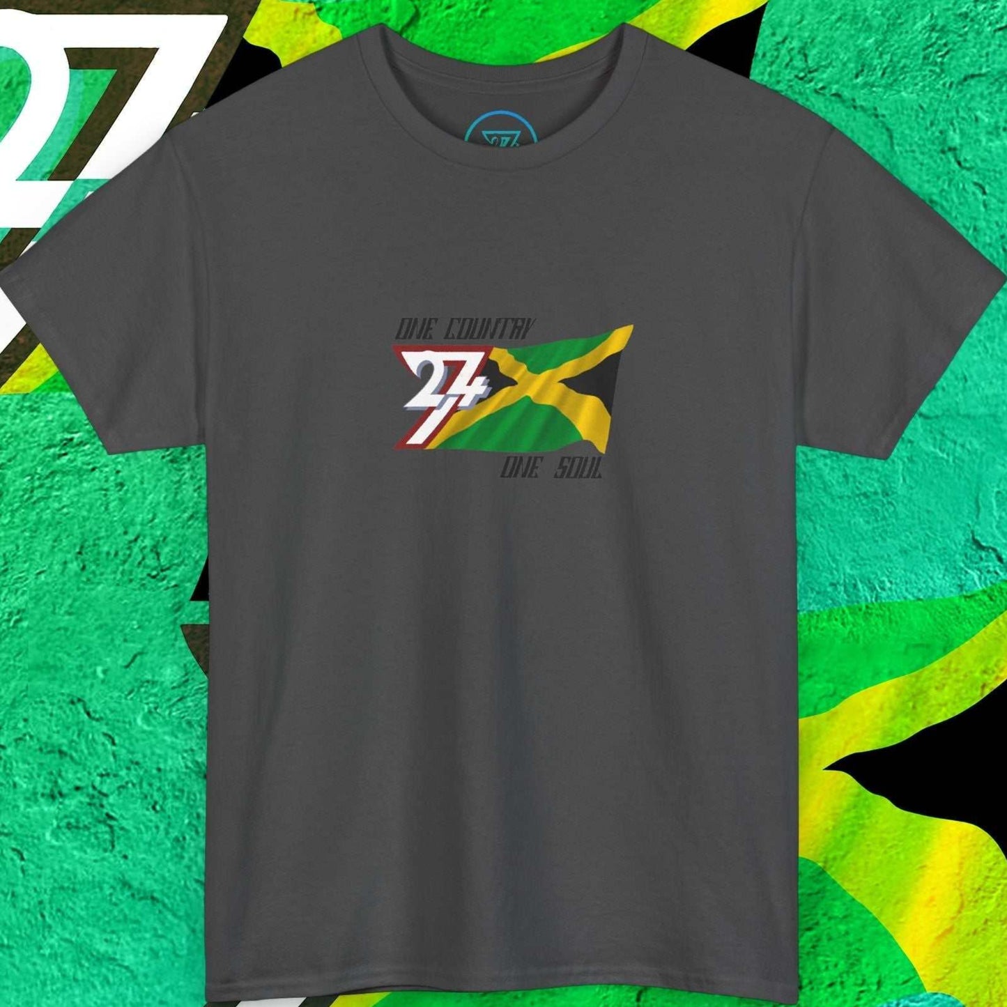 Urban streetwear dark heather Jamaica flag shirt with a unique hand-drawn finish and "One Country One Soul" signature.