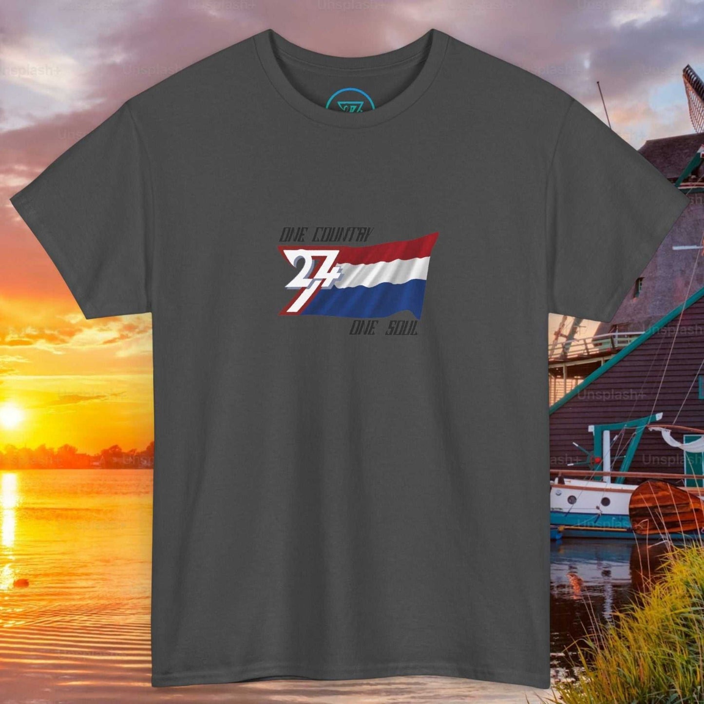 Front view of a charcoal graphic t-shirt featuring a digitally hand-drawn Netherlands flag design.