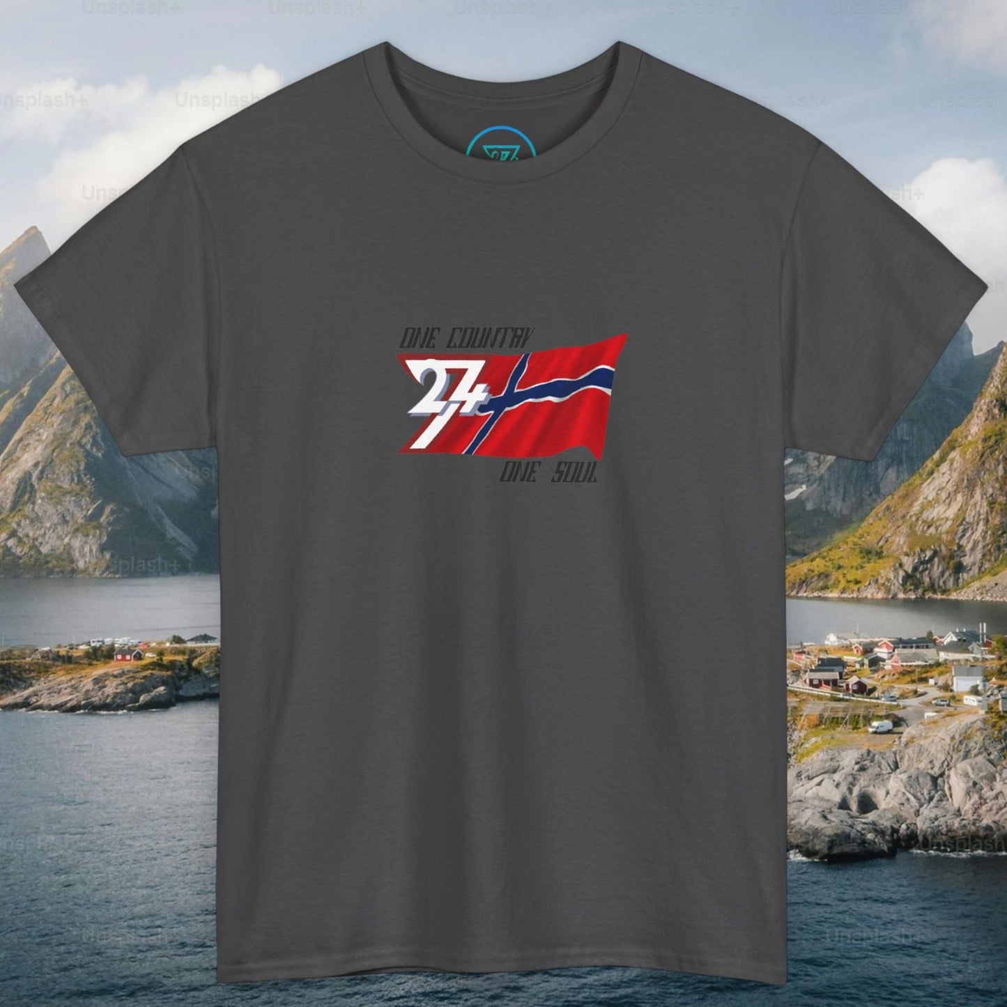 Front view of dark gray Norway flag t-shirt showing the premium fabric quality and streetwear fit.