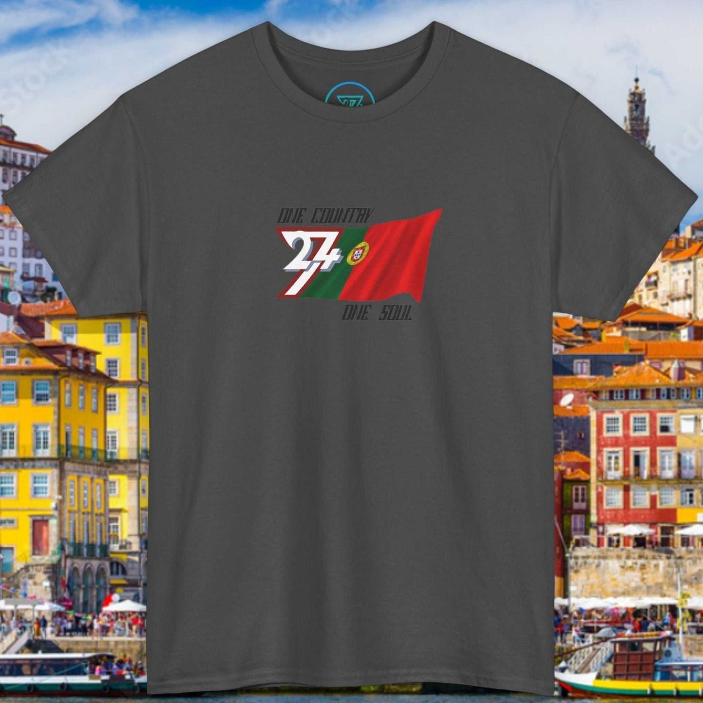Front view of a dark gray graphic t-shirt featuring a digitally hand-drawn Portugal flag design.