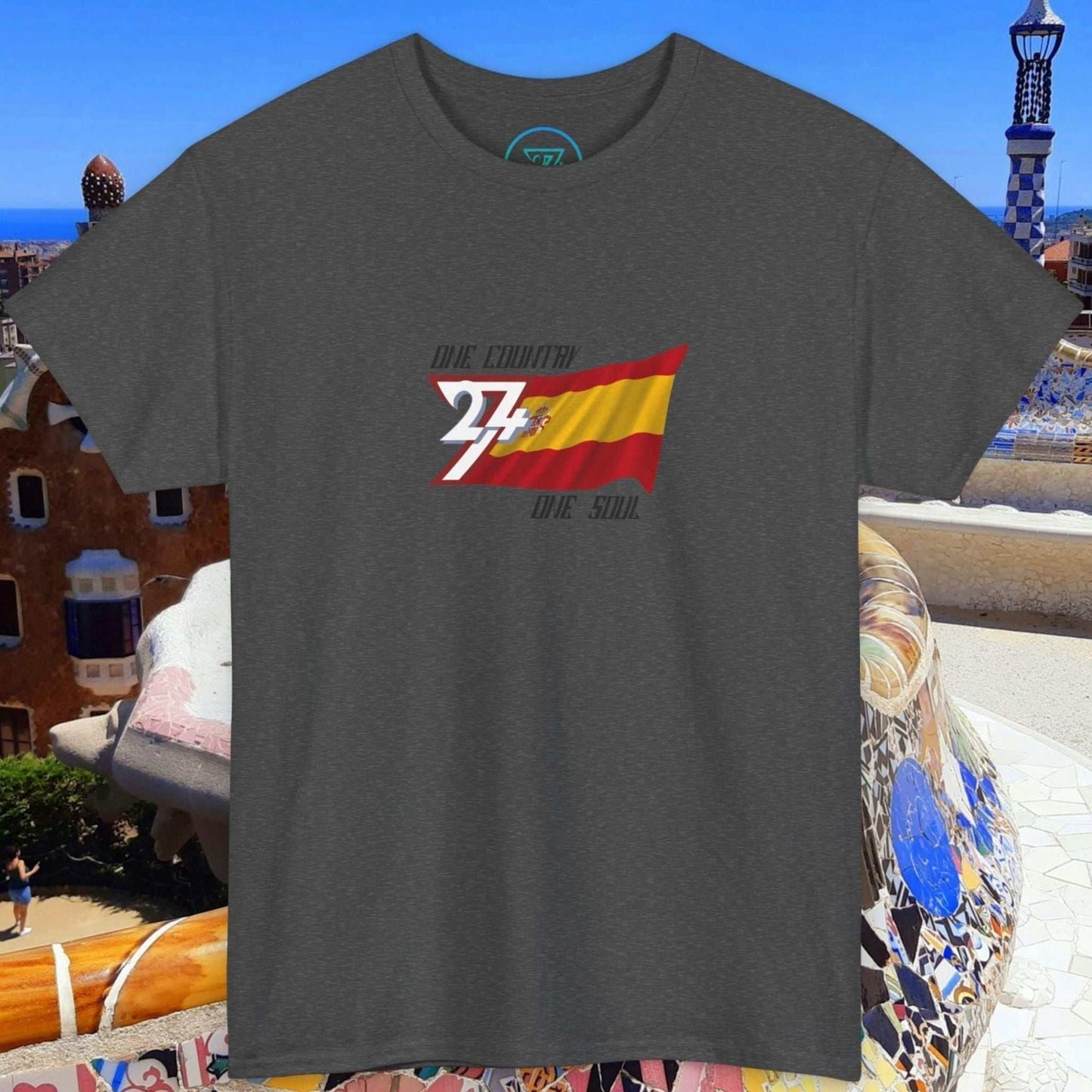 Unisex Spain Flag Graphic Tee with hand-drawn España design on dark grey background