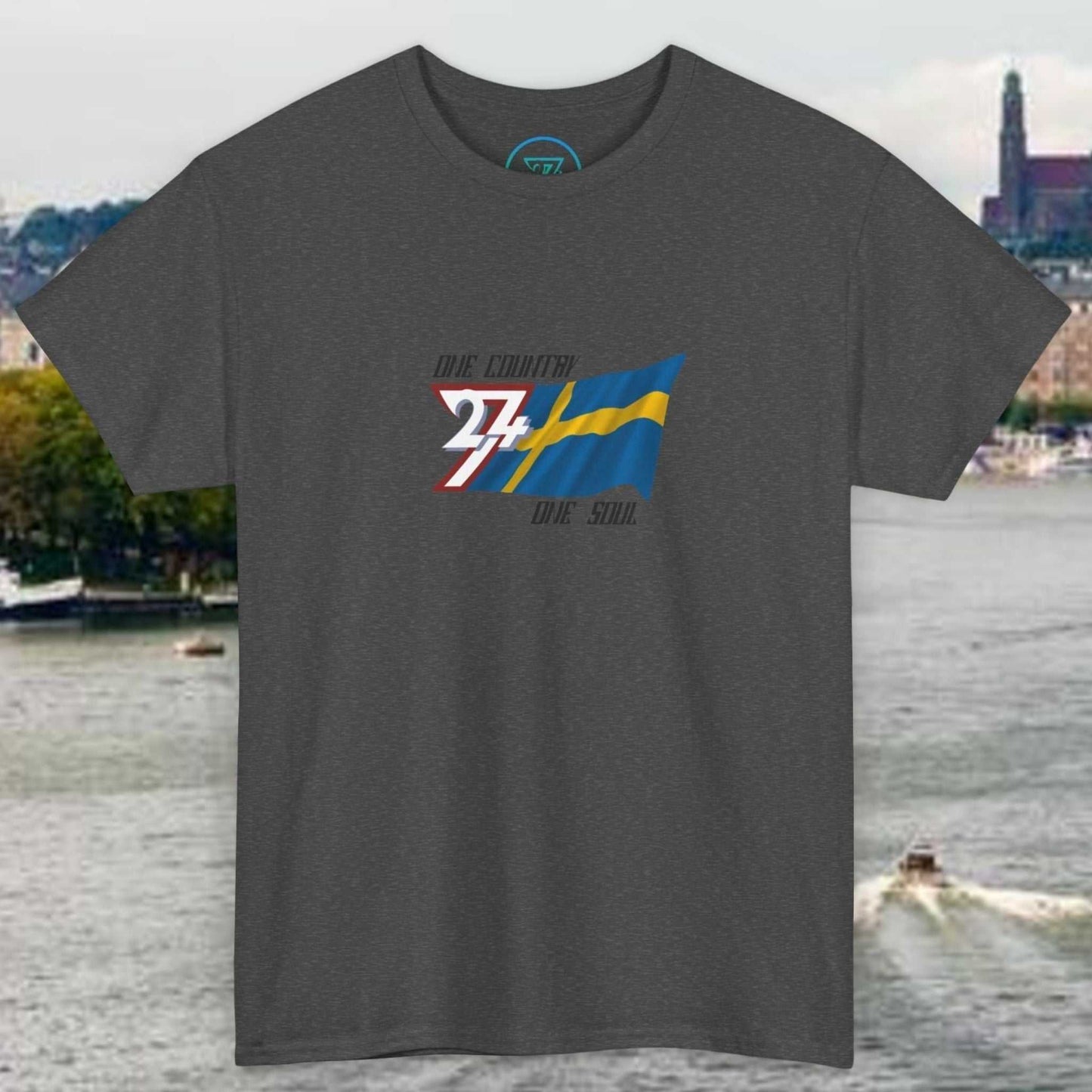 Unisex grey Sweden Flag Graphic Tee with hand-drawn Swedish flag and "One Country One Soul" text design