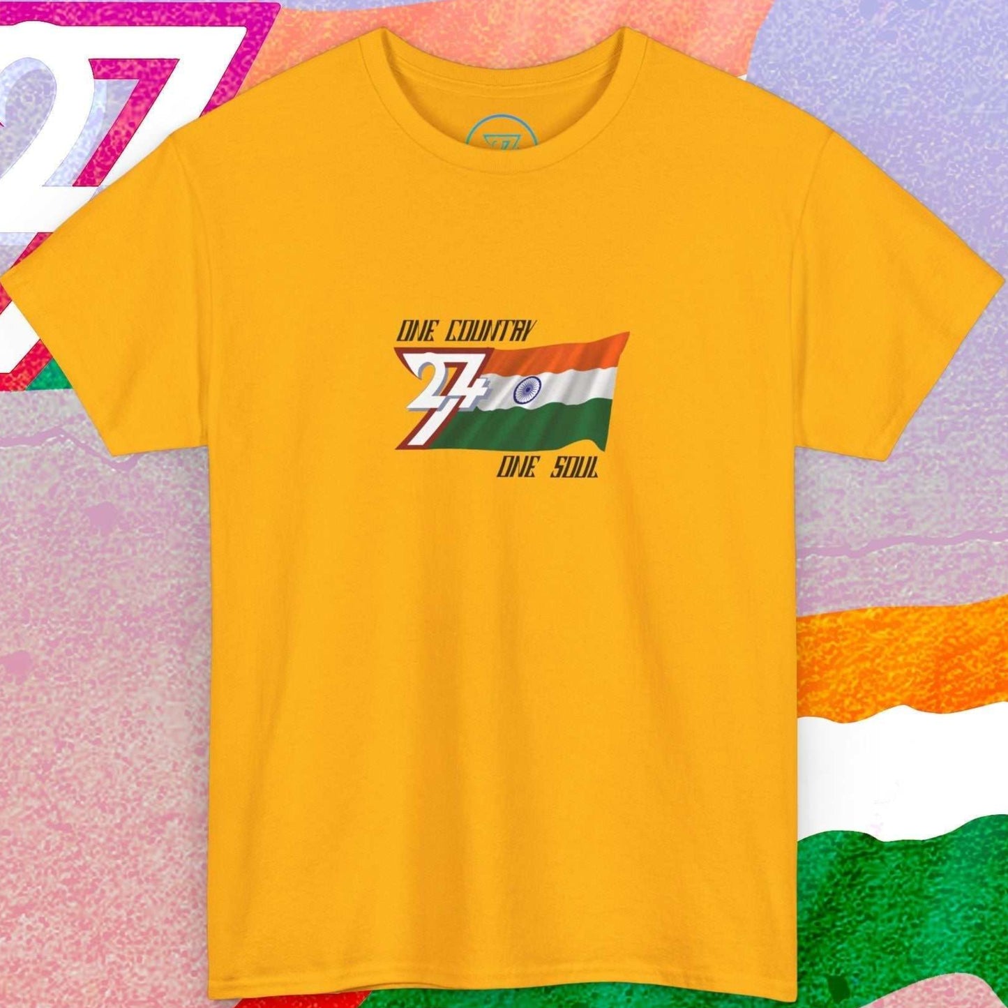 Full-view gold t-shirt featuring the hand-sketched India national flag and the iconic "One Country One Soul" signature.