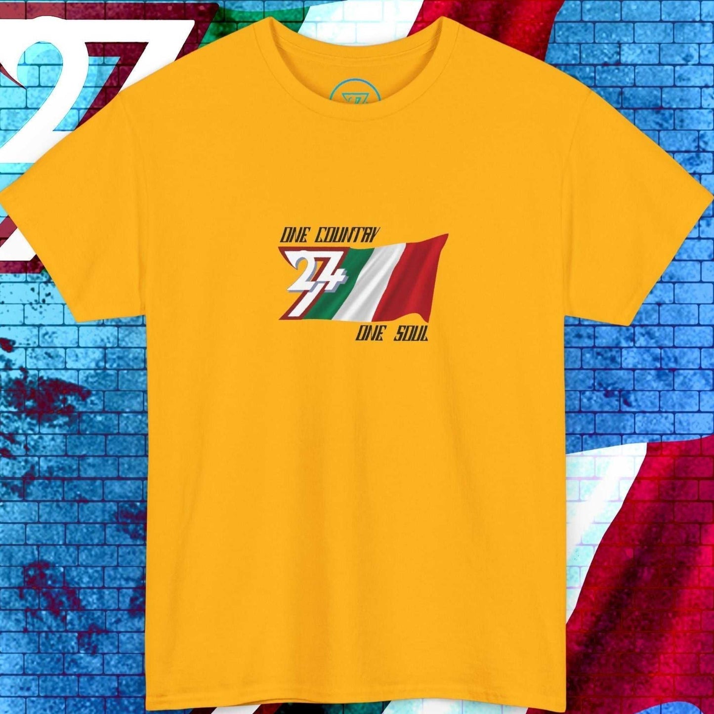 and-drawn gold Italy graphic tee designed for fans, featuring the national flag and "One Country One Soul" print.