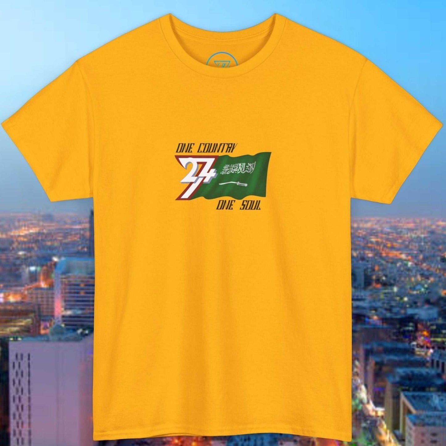 Hand-drawn Saudi Arabia flag graphic on gold unisex cotton tee representing heritage and identity