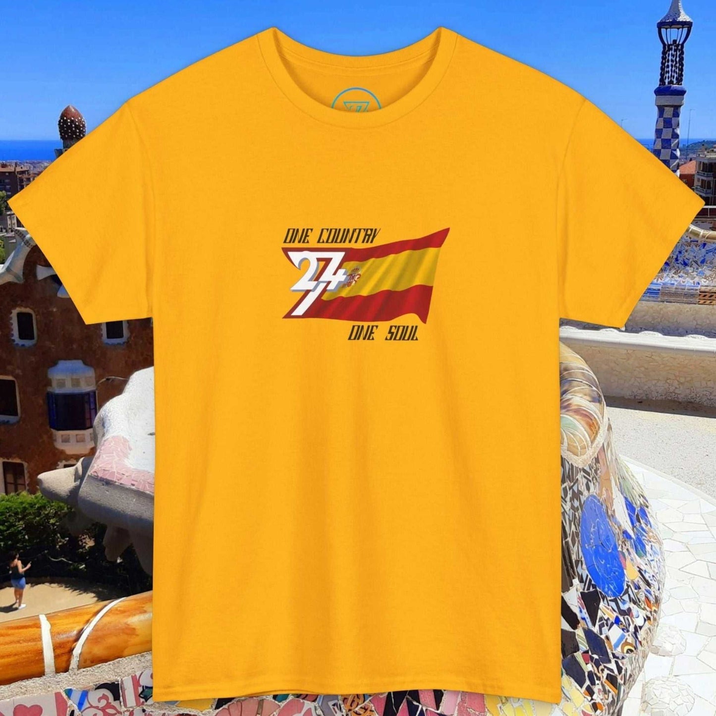 Yellow unisex Spain Flag Graphic Tee with hand-drawn Spanish flag and "One Country One Soul" text graphic