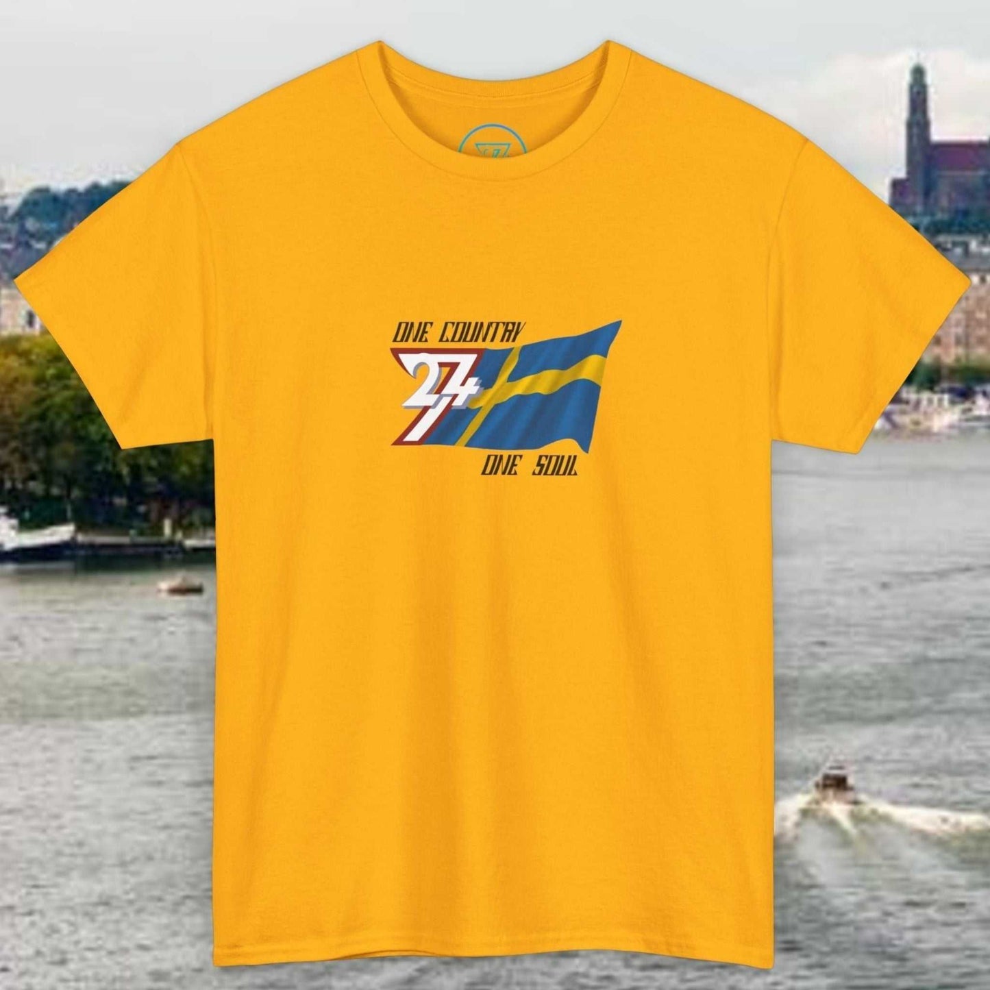 Yellow unisex Sweden flag graphic tee with hand-drawn Sverige design and "One Country One Soul" text