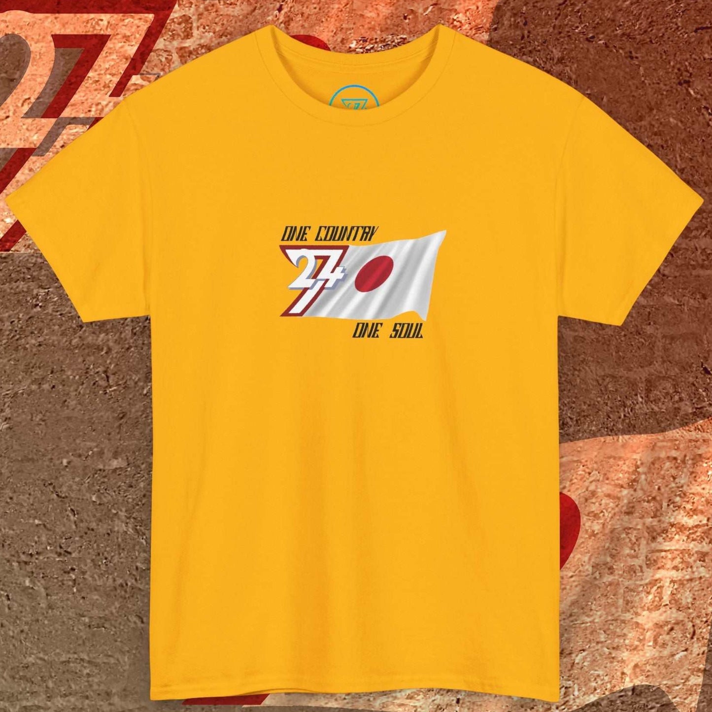 Hand-drawn gold Japan graphic tee designed for fans, featuring the national flag and "One Country One Soul" print.