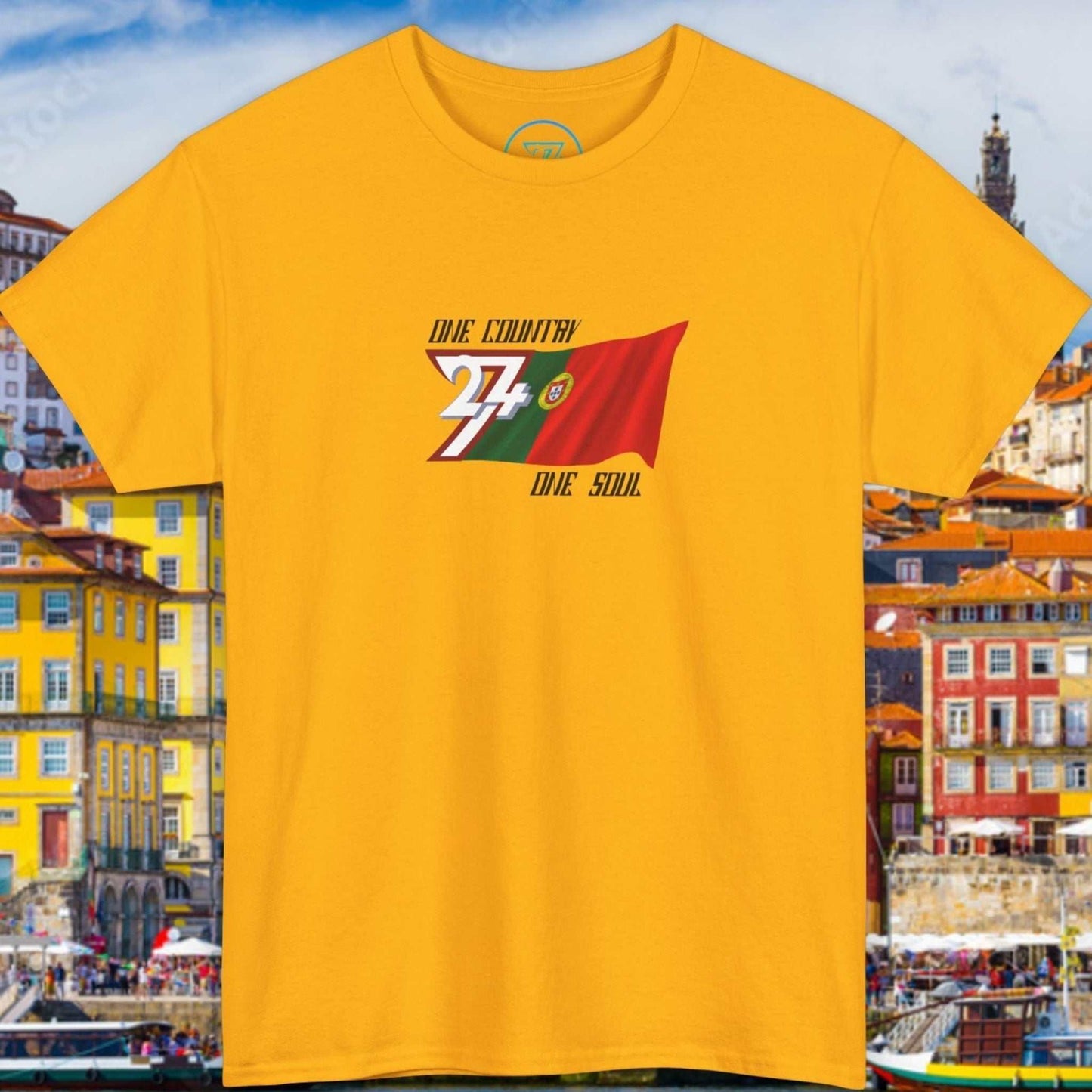 Front view of a gold yellow graphic t-shirt featuring a digitally hand-drawn Portugal flag design.