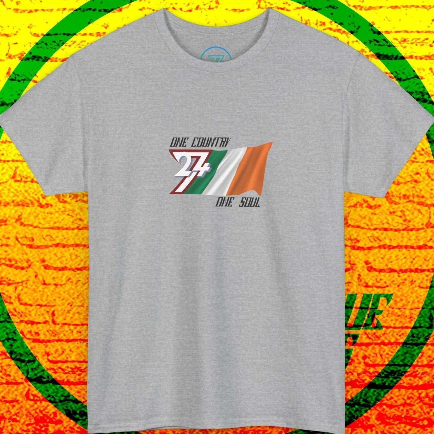 Front perspective of the premium sport gray Ireland graphic tee, designed with a hand-sketched flag and "One Country One Soul" branding.