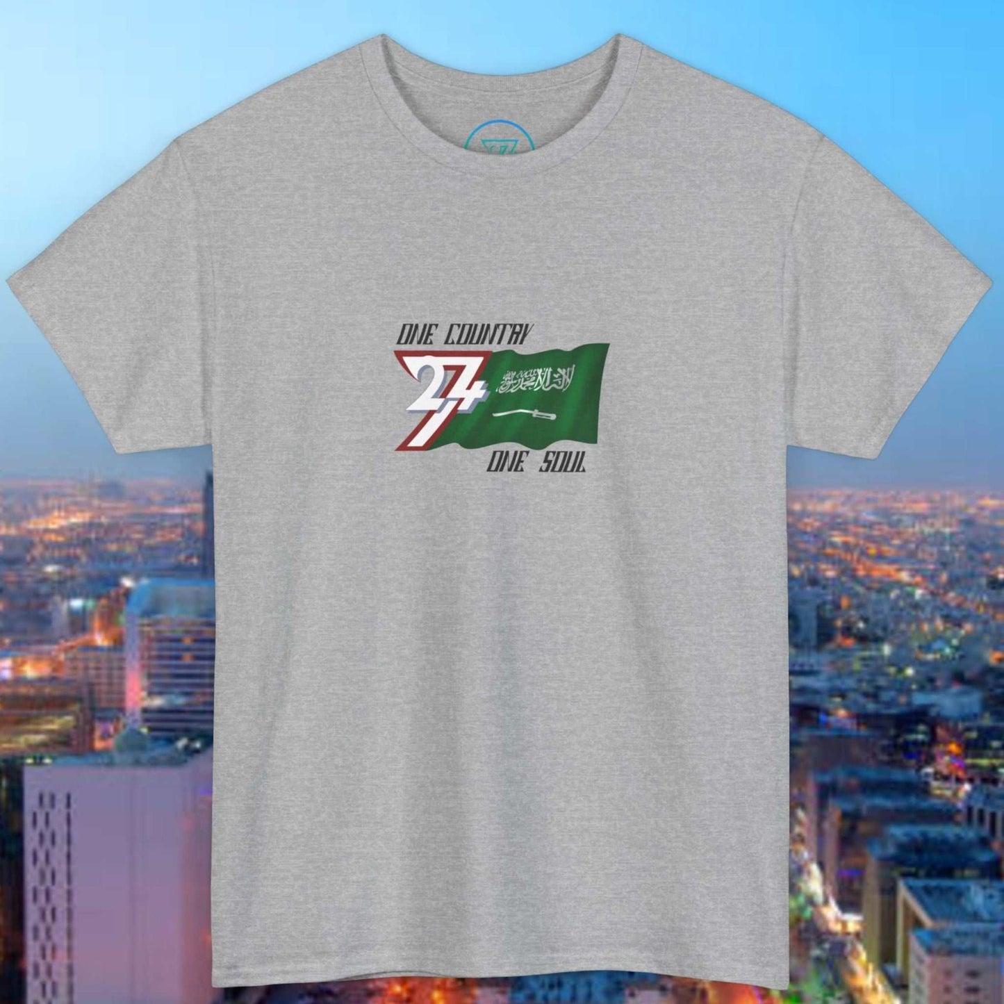 Hand-drawn Saudi Arabia Graphic Tee featuring sketched national flag design on gray cotton shirt