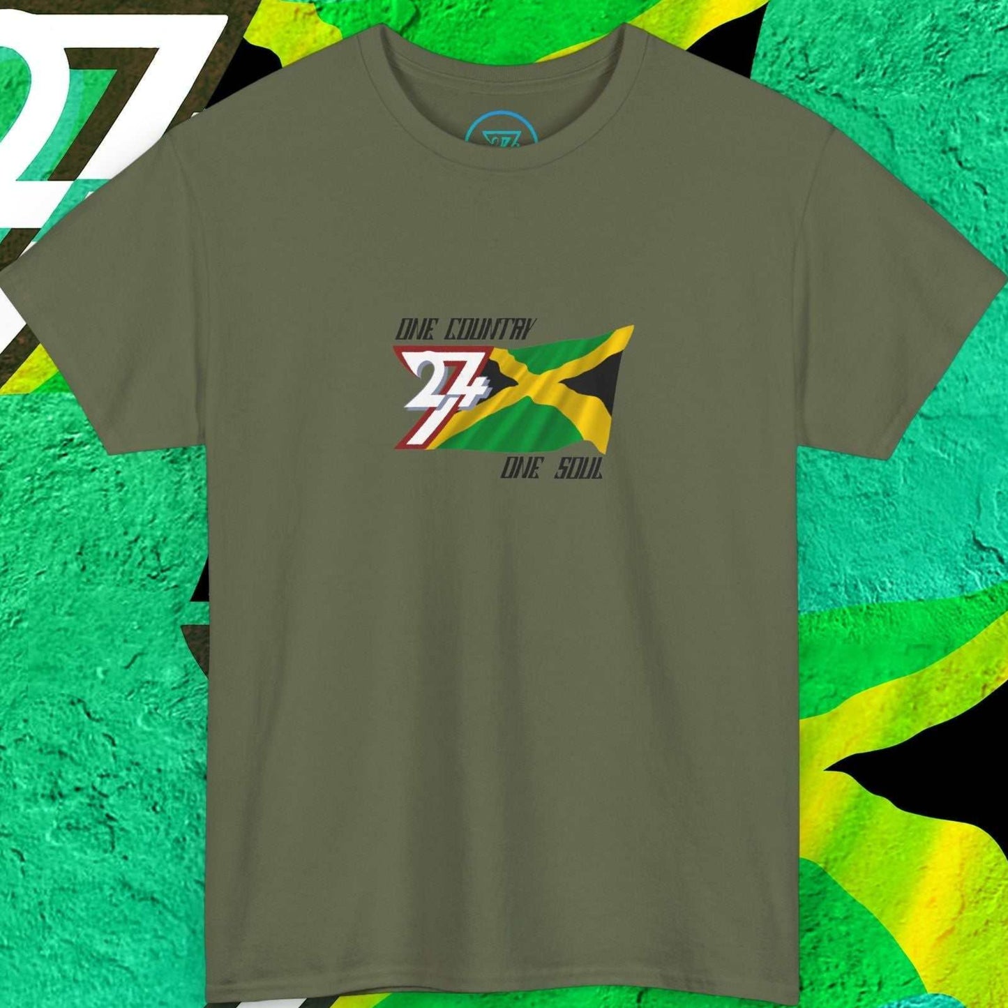Jamaican heritage t-shirt in military green showing a hand-drawn national flag and the "One Country One Soul" motto.