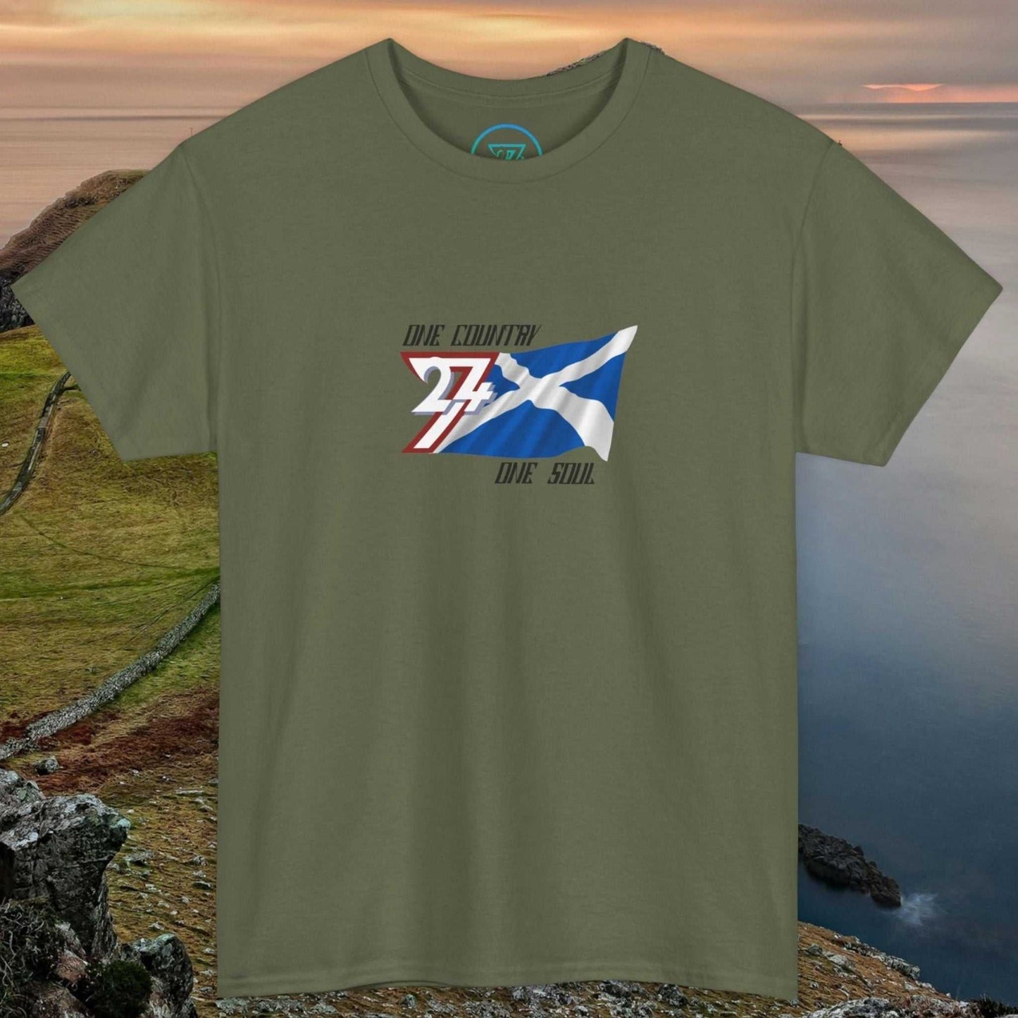 Hand-drawn Scotland Graphic Tee featuring vibrant Saltire design on soft unisex cotton shirt