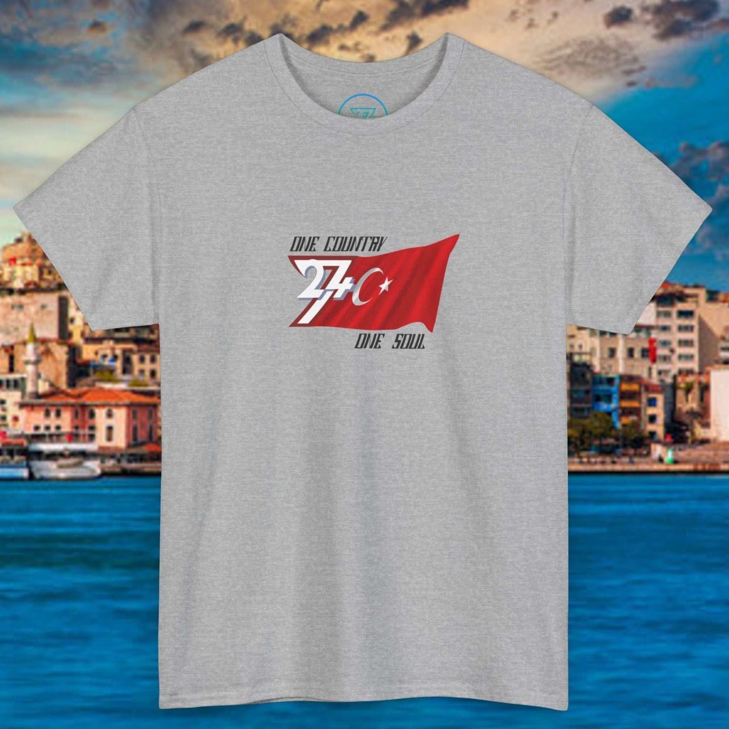 Grey Türkiye flag graphic t-shirt with hand-drawn red flag design and text "One Country One Soul" on front, lightweight cotton tee for sports and summer wear