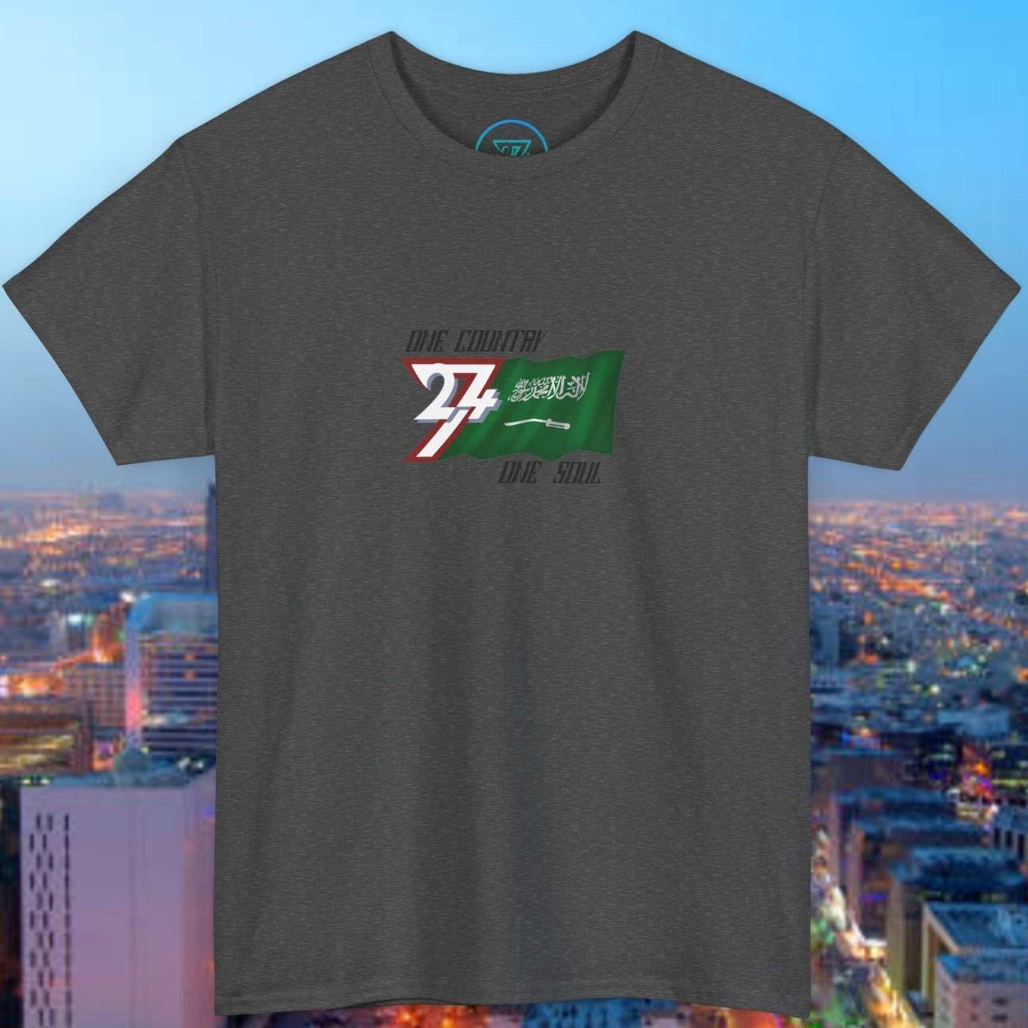 Hand-drawn Saudi Arabia flag graphic on green unisex cotton tee honoring heritage and pride