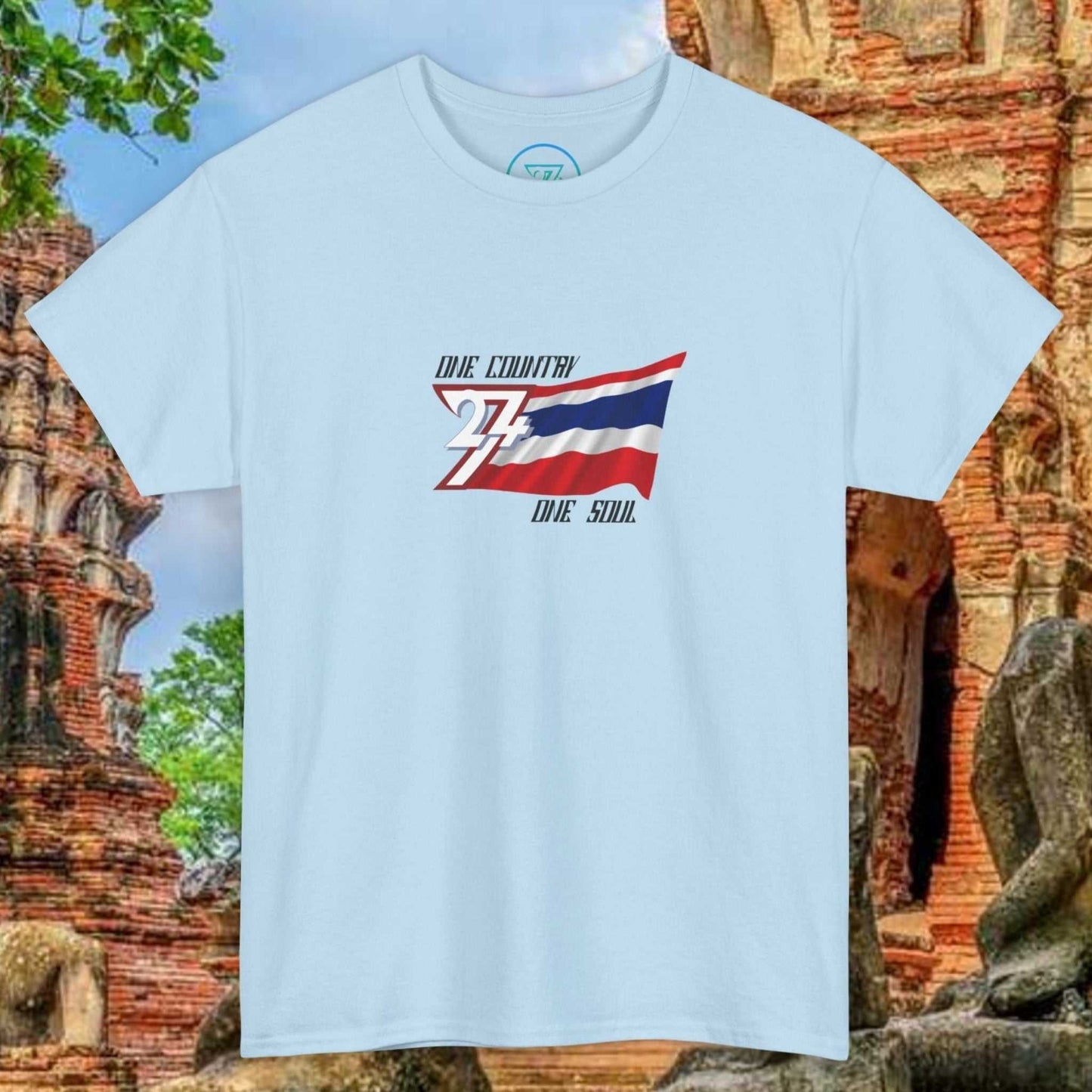 Light blue Thailand Flag T-Shirt with hand-drawn Thong Trairong motif and "One Country One Soul" text, unisex cotton graphic tee