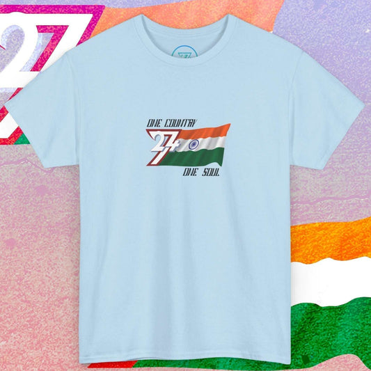 Full front view of a light blue India flag t-shirt featuring a hand-drawn tricolor and "One Country One Soul" slogan.