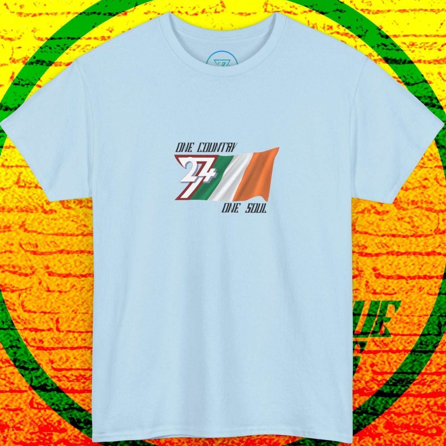 Front shot of the light blue Irish heritage tee, highlighting the unique sketched textures and the signature "One Country One Soul" motto.