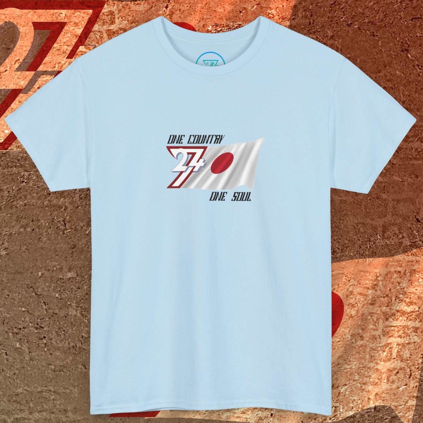 Streetwear style light blue Japan flag shirt with a unique hand-drawn finish and "One Country One Soul" branding.