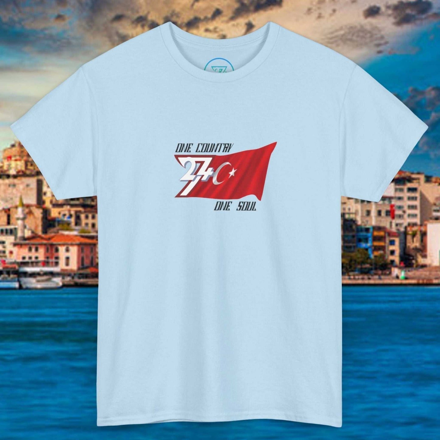 Light blue Türkiye flag graphic t-shirt with hand-drawn illustration and text "One Country One Soul" on front, perfect for sports and summer wear