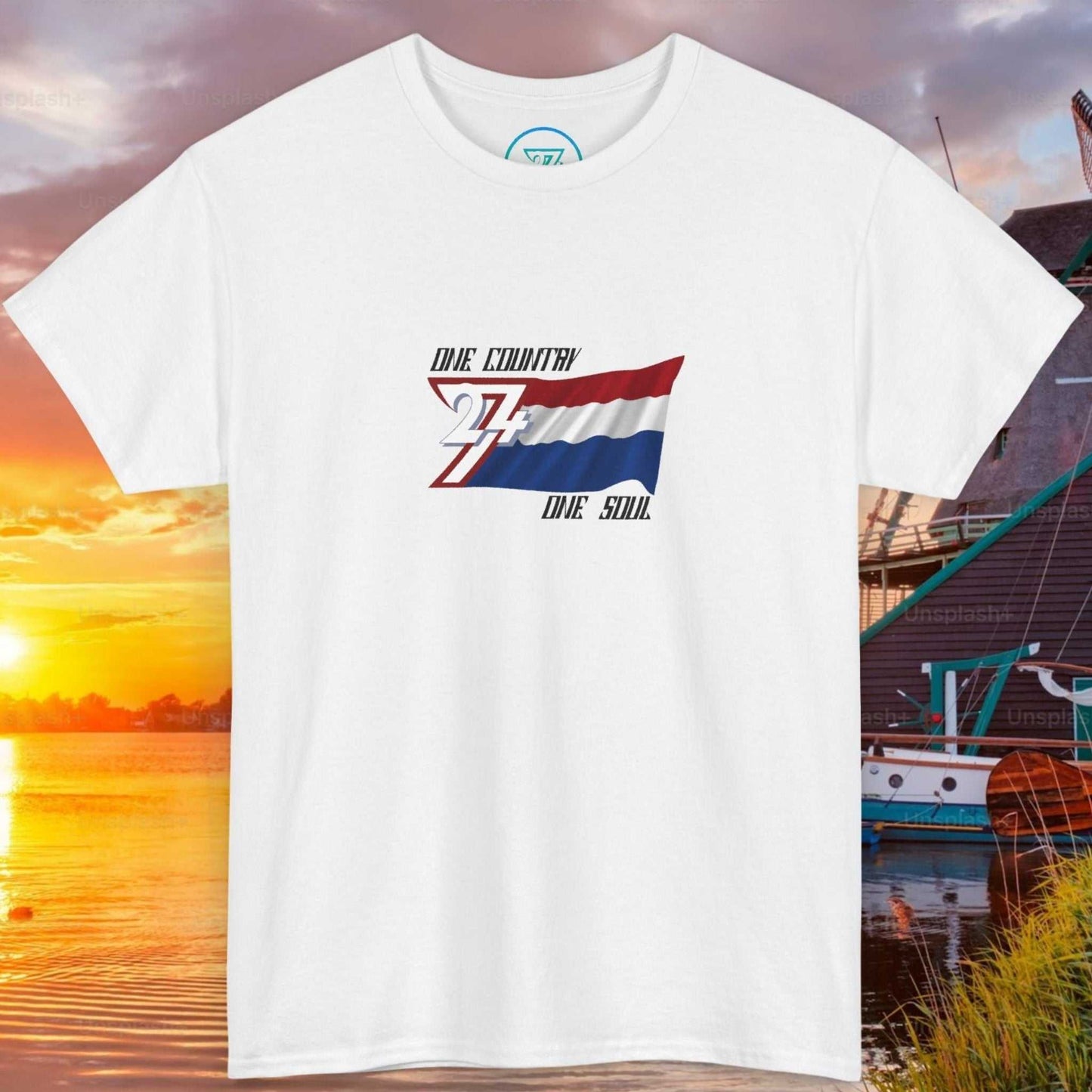 Front view of a ash graphic t-shirt featuring a digitally hand-drawn Netherlands flag design.