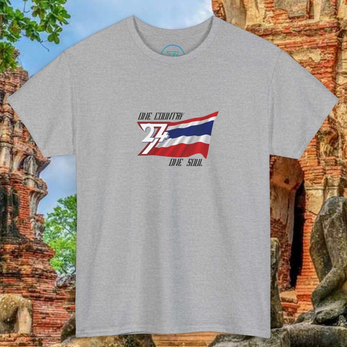 Gray unisex Thailand flag t-shirt with hand-drawn Thong Trairong graphic and "One Country One Soul" text