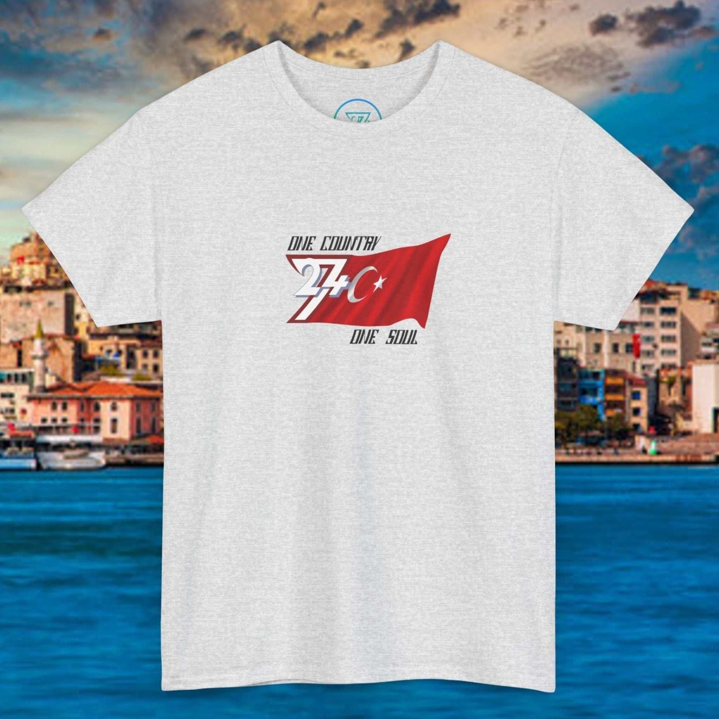 Lightweight cotton t-shirt with hand-drawn Türkiye flag graphic and "One Country One Soul" text for summer and sports wear