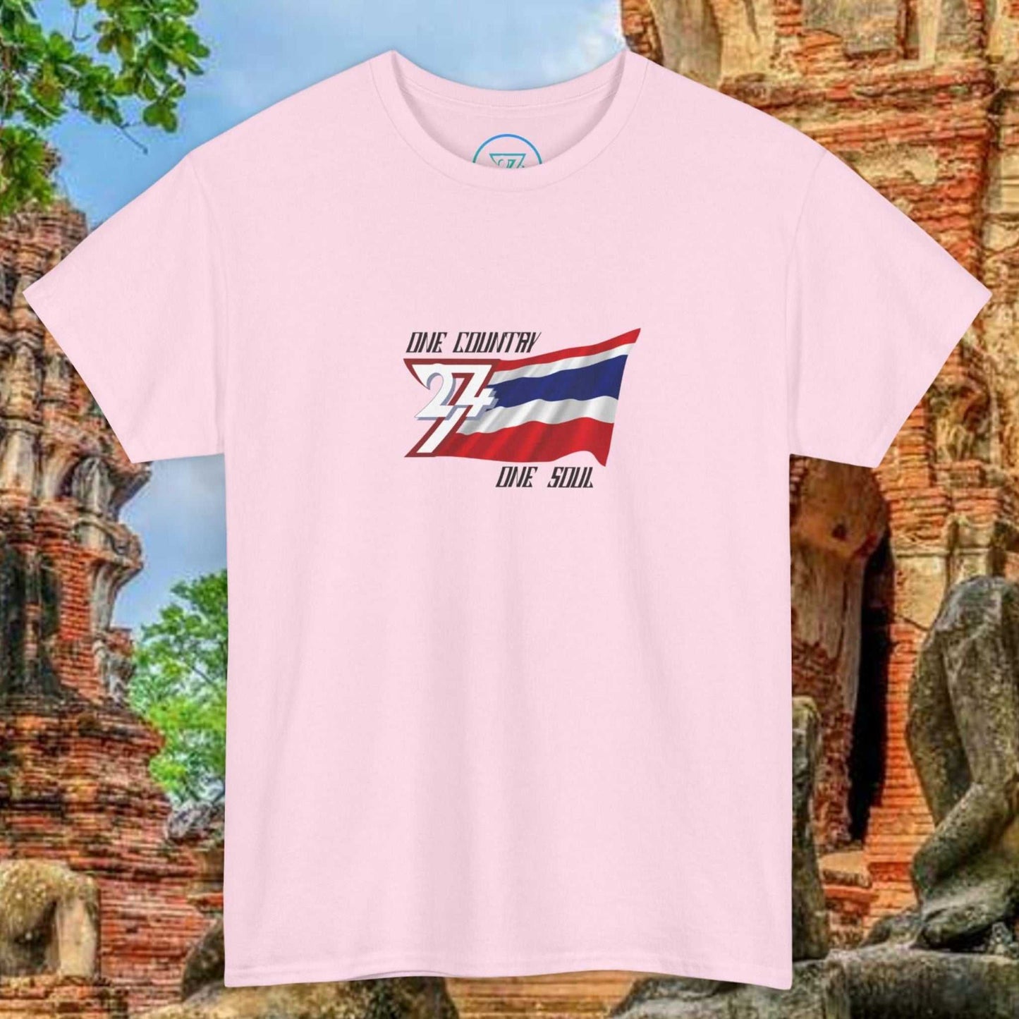 Light pink Thailand Flag T-Shirt with hand-drawn Thong Trairong graphic and "One Country One Soul" text on chest