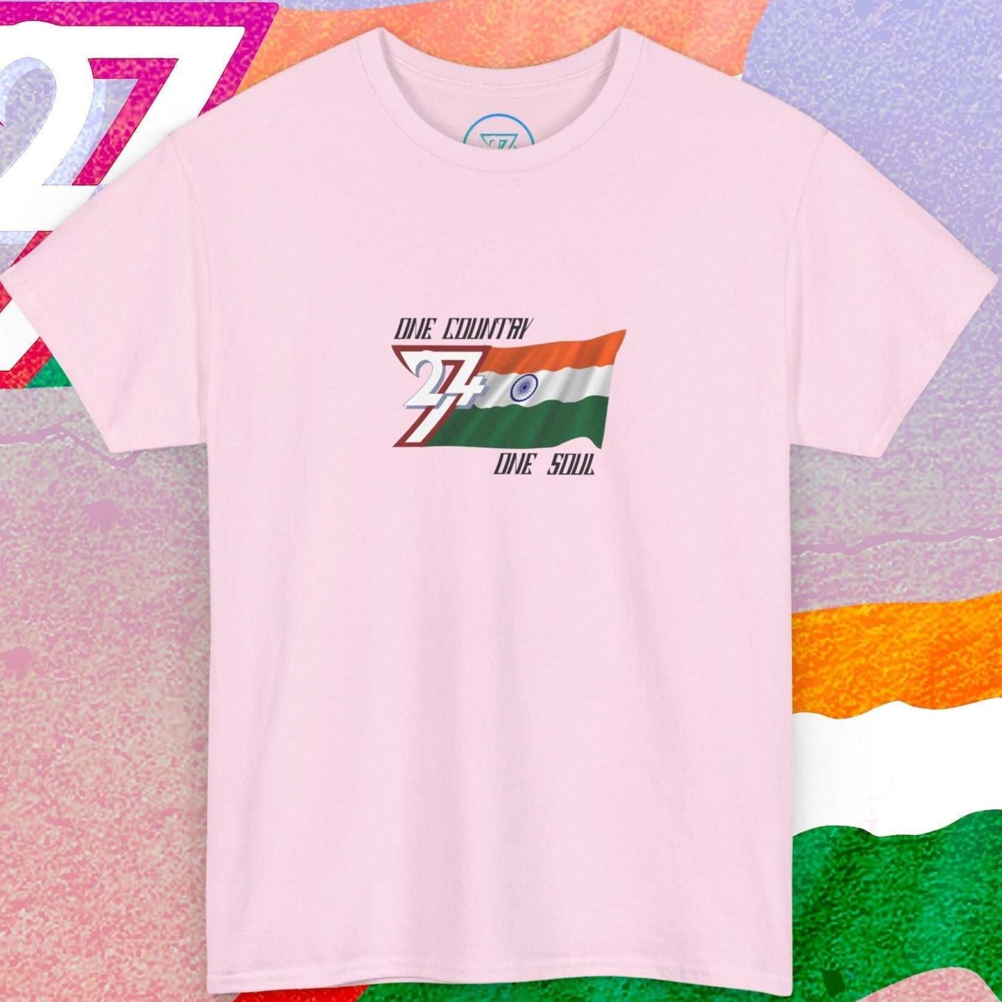 Complete front-on display of the light pink India pride t-shirt, featuring our exclusive "One Country One Soul" print.