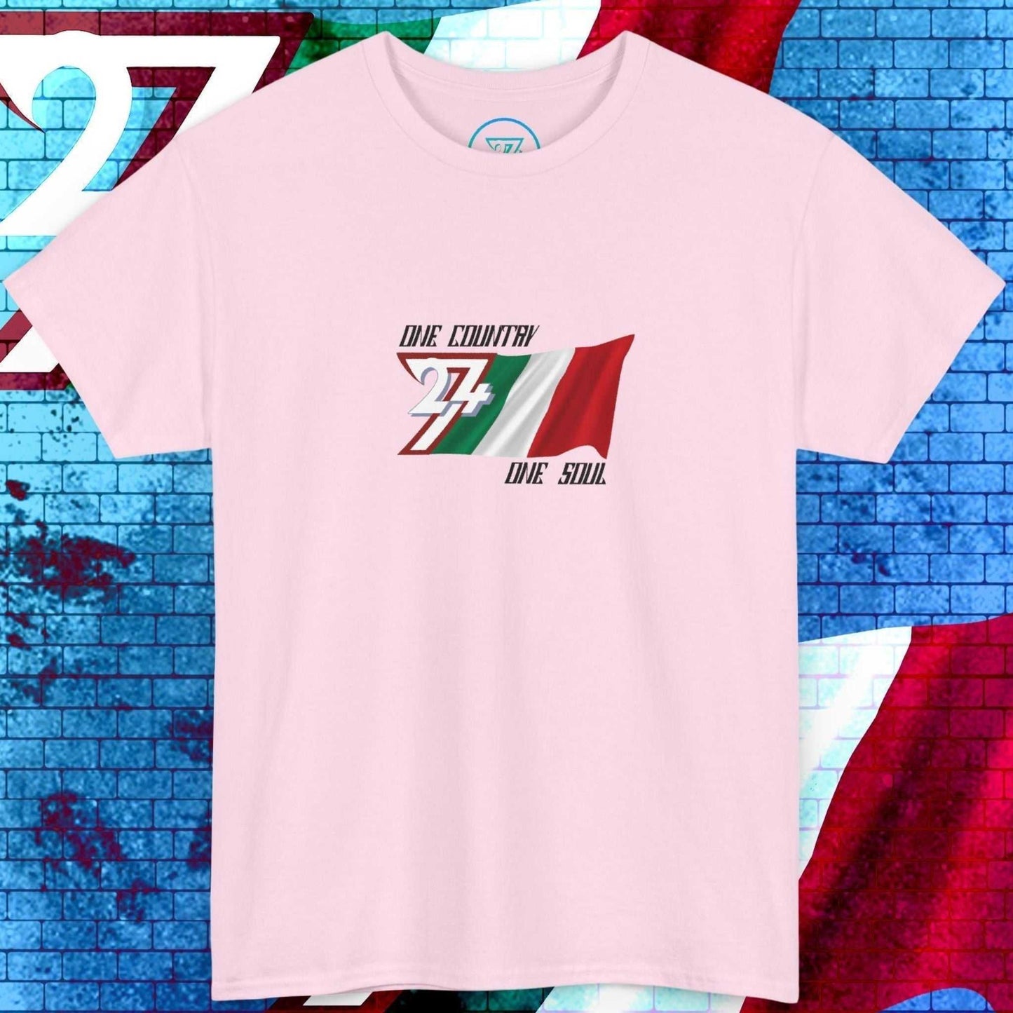 Front view of a light pink Italy flag tee highlighting the sketched textures and "One Country One Soul" slogan.