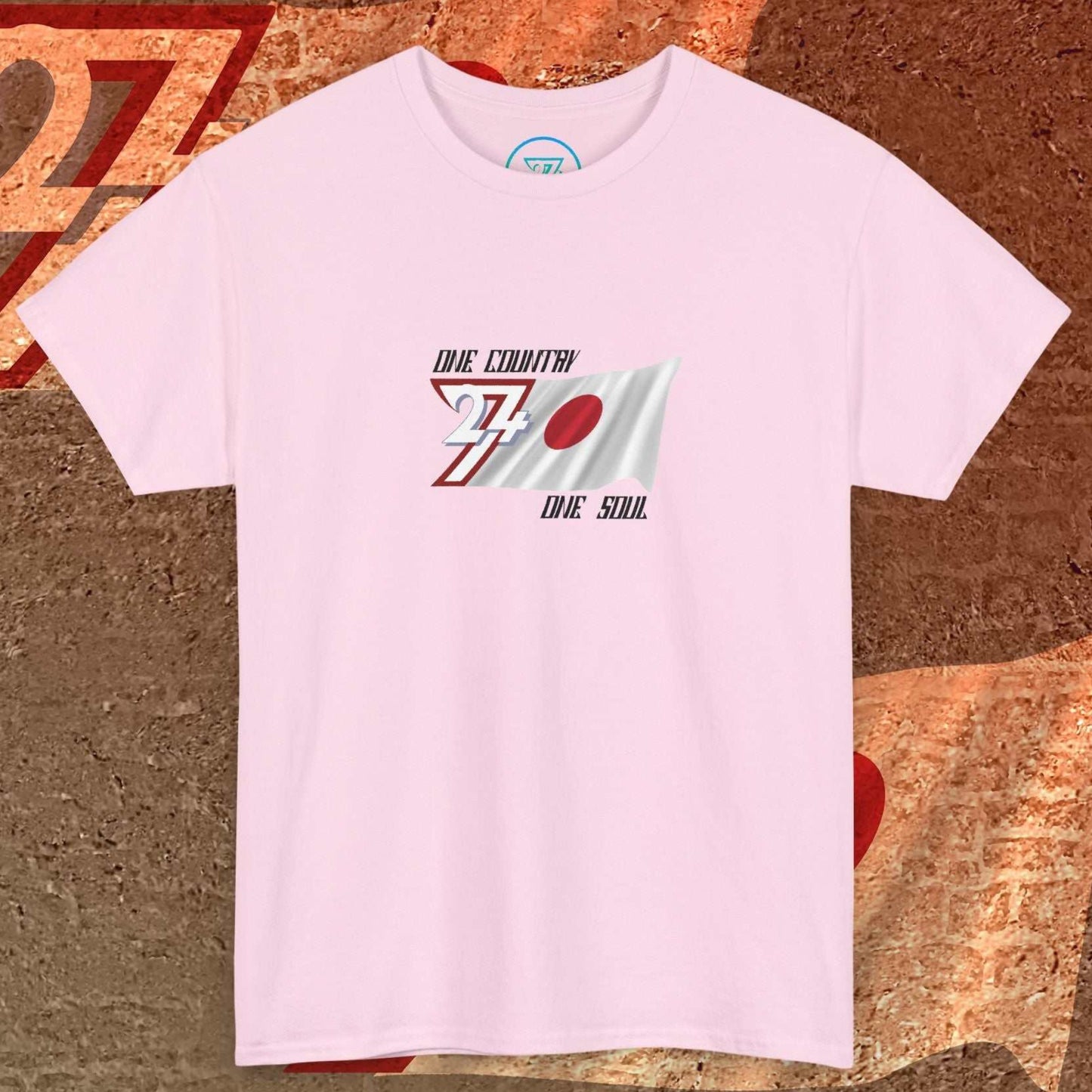 Streetwear style light pink Japan flag shirt with a unique hand-drawn finish and "One Country One Soul" branding.