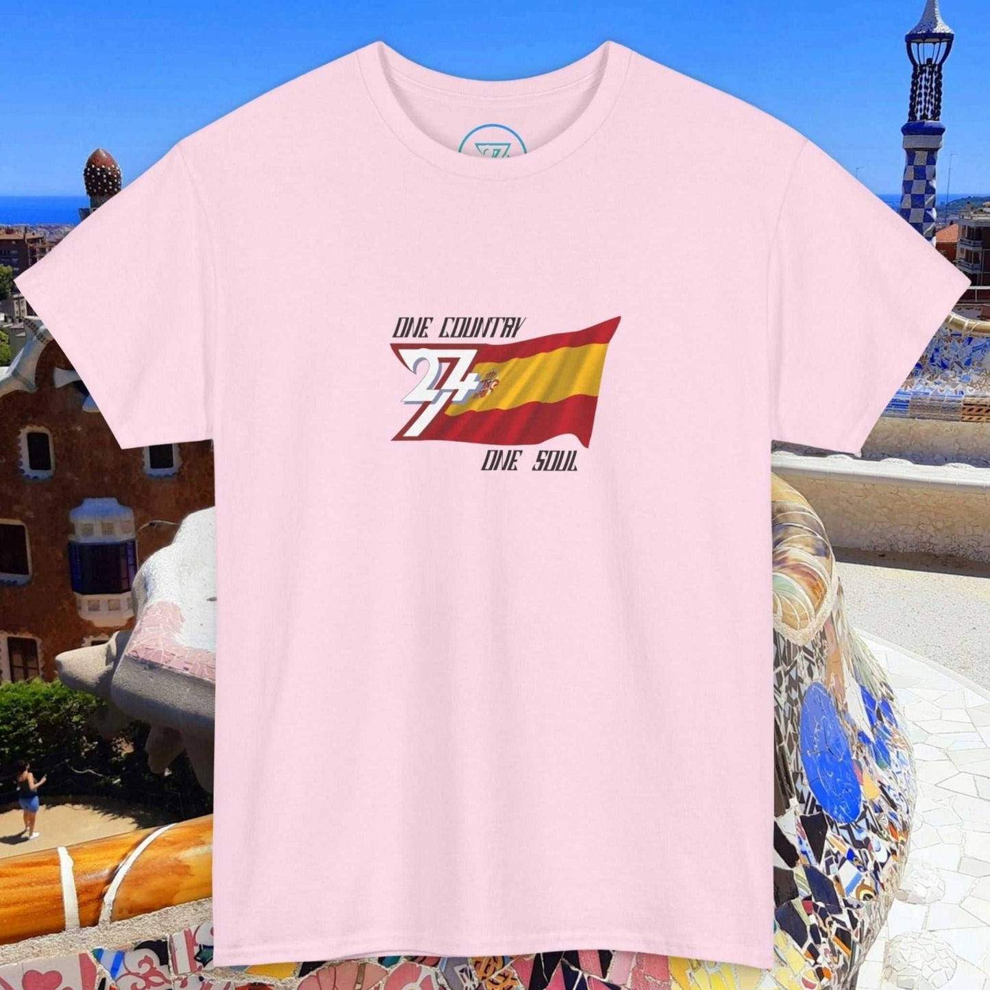 pink unisex Spain flag graphic tee with hand-drawn España design and slogan "One Country One Soul"