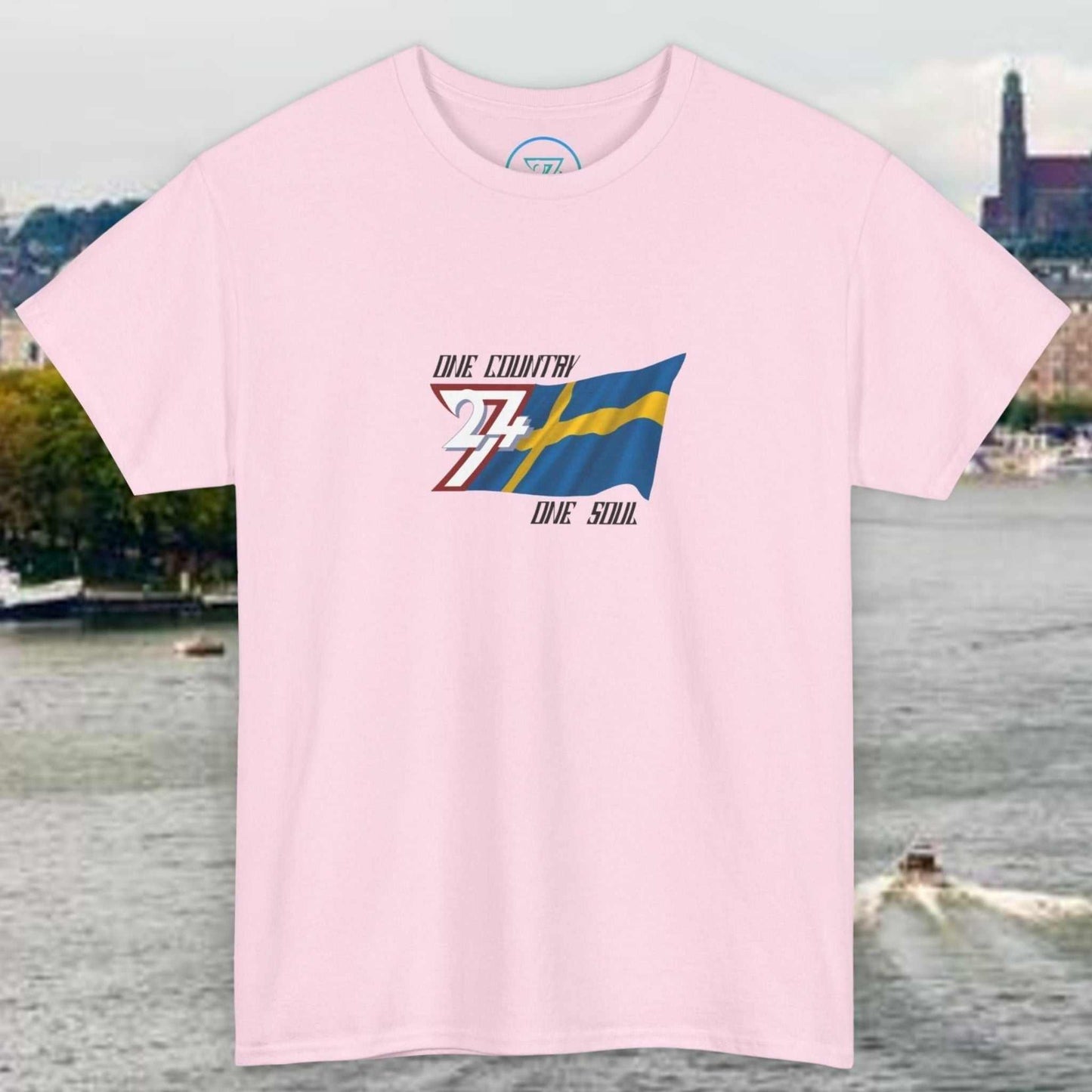 Pink Sweden Flag Graphic Tee with hand-drawn Sverige Swedish flag and text design, unisex cotton shirt